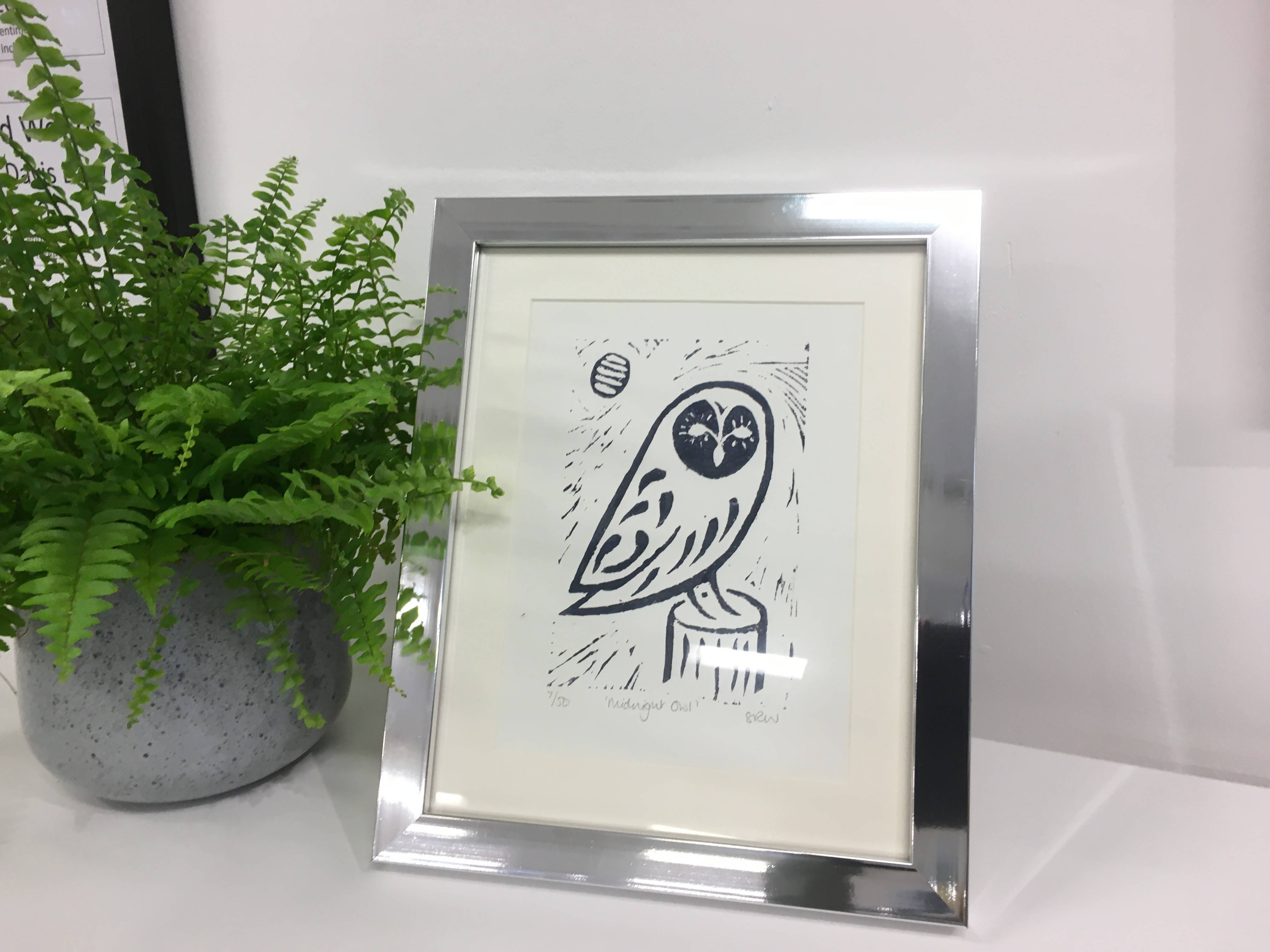 Perching Owl Framed Lino Cut Print
