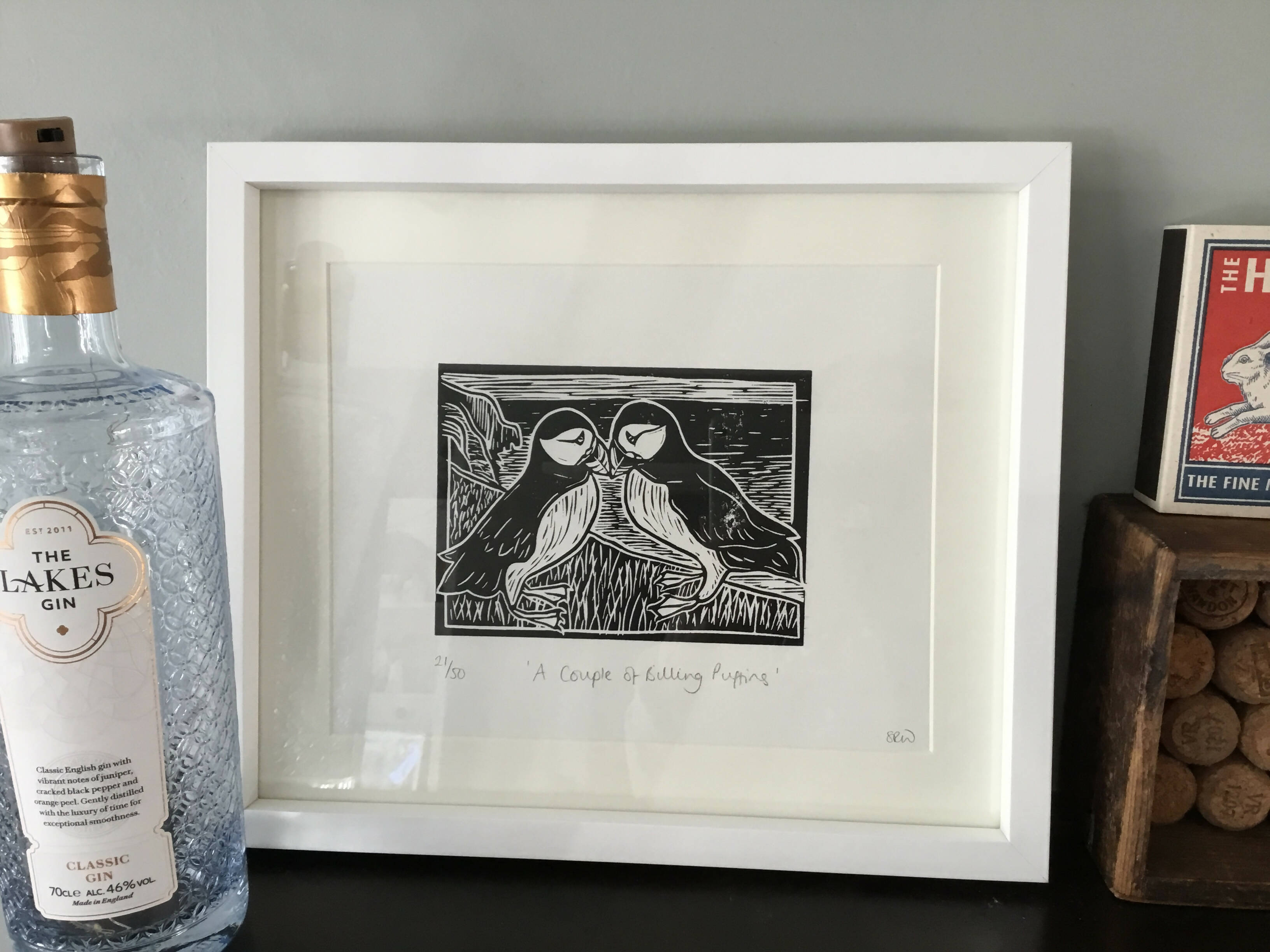 A Couple of Billing Puffins Framed Lino Cut Print