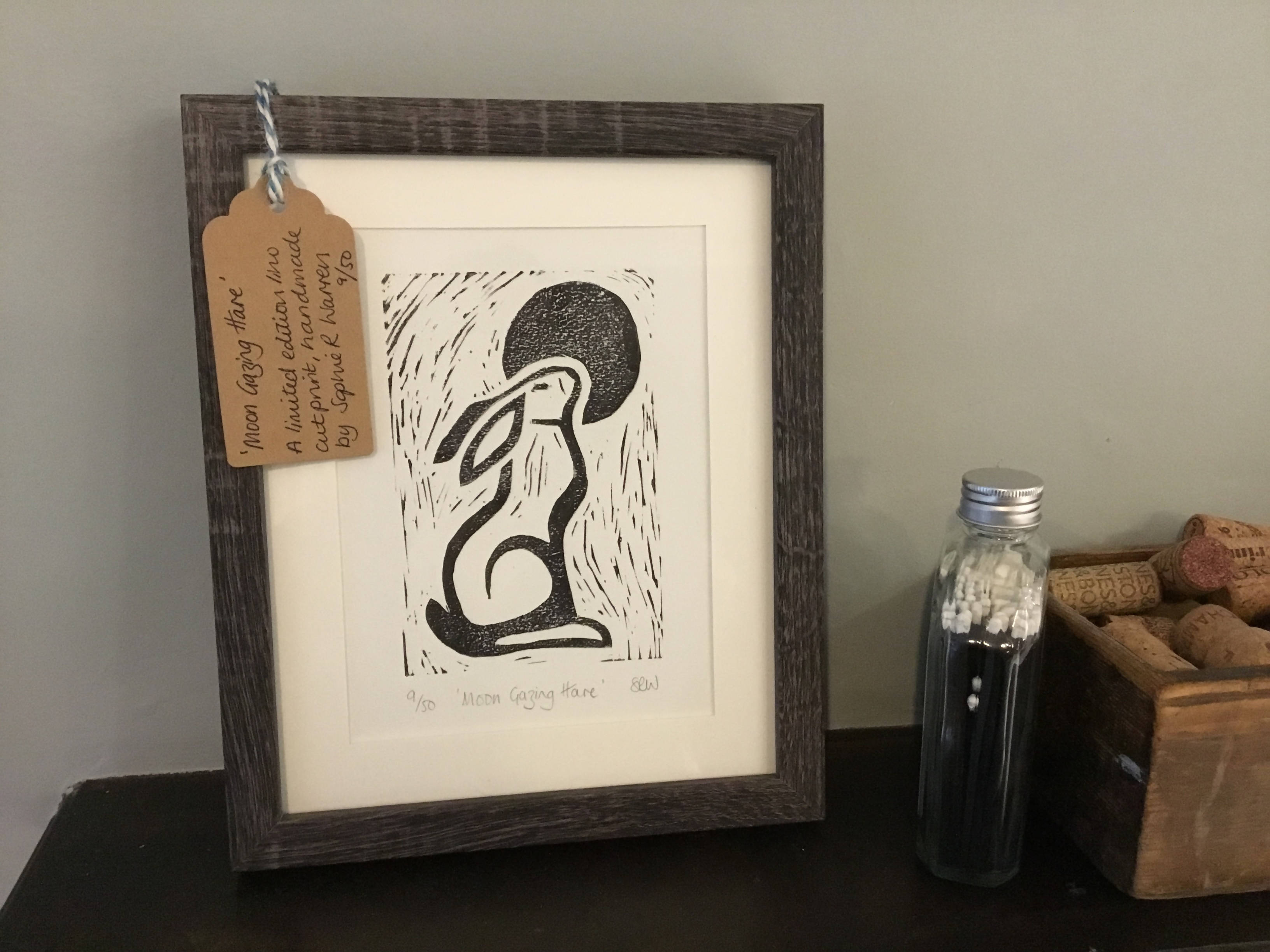 Moon Gazing Hare Framed Lino Cut Print
