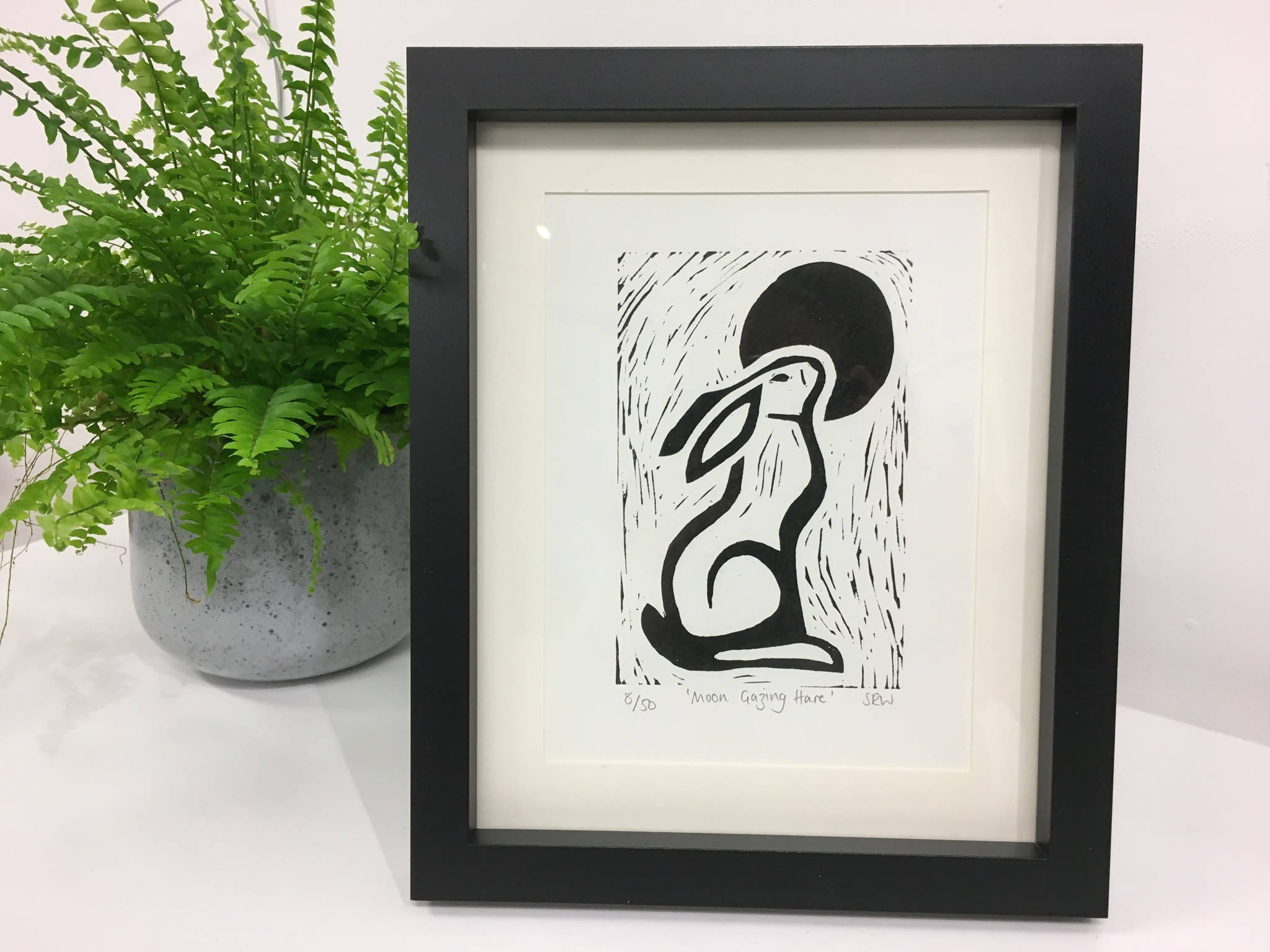 Moon Gazing Hare Framed Lino Cut Print