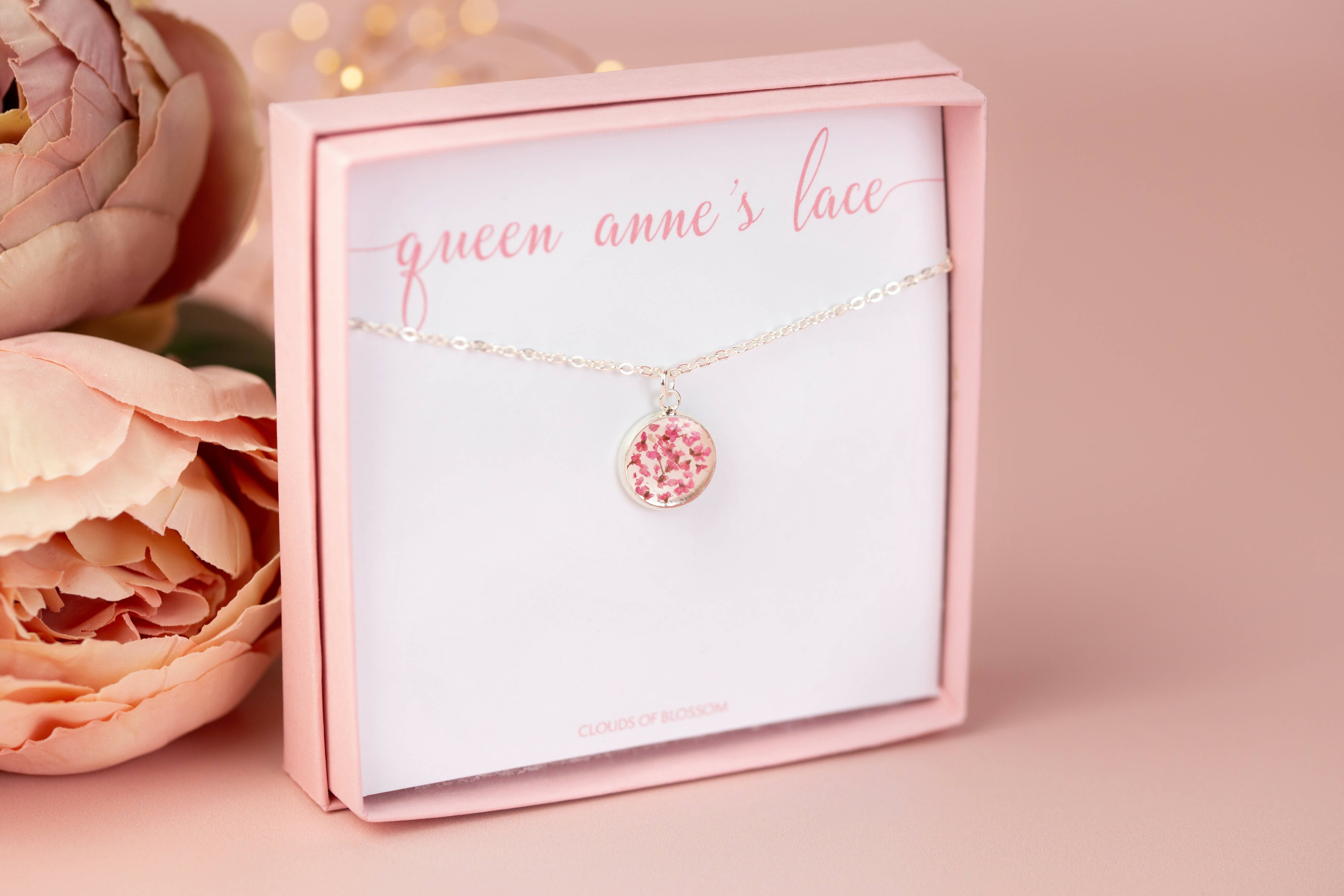 Pink Queen Anne’s Lace Small Mirrored Circle Bezel Necklace Silver Plated