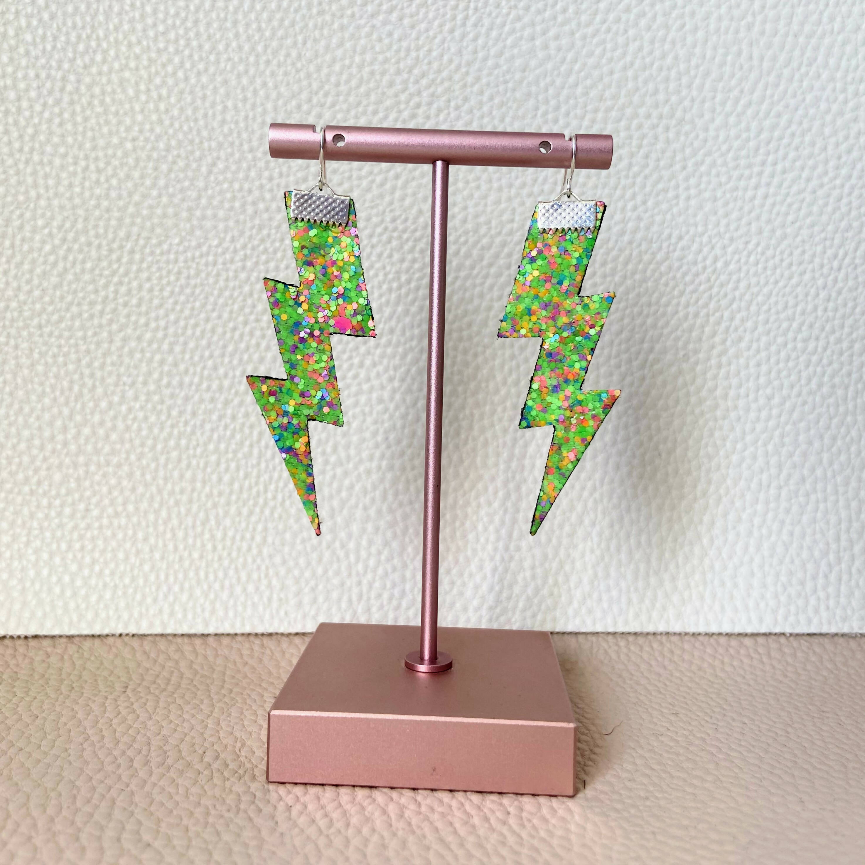 Flash Lightning Bolt Earrings in Lime Confetti Glitter