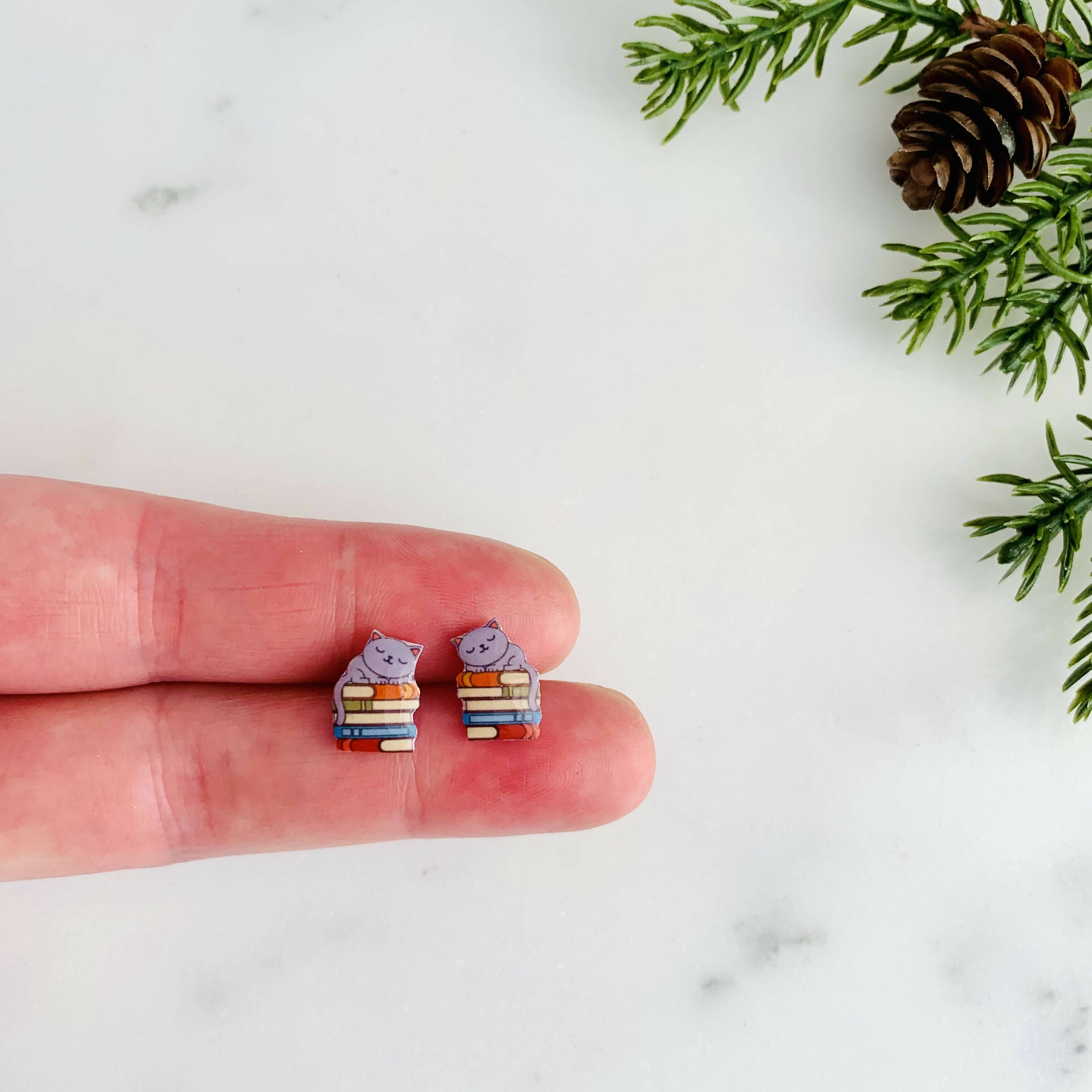 Cat on Books Stud Earrings for Book Lovers | Art & Soul