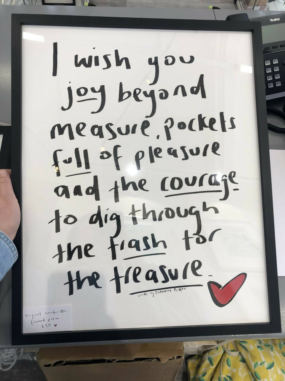 Handwritten large framed poem (poem varies)
