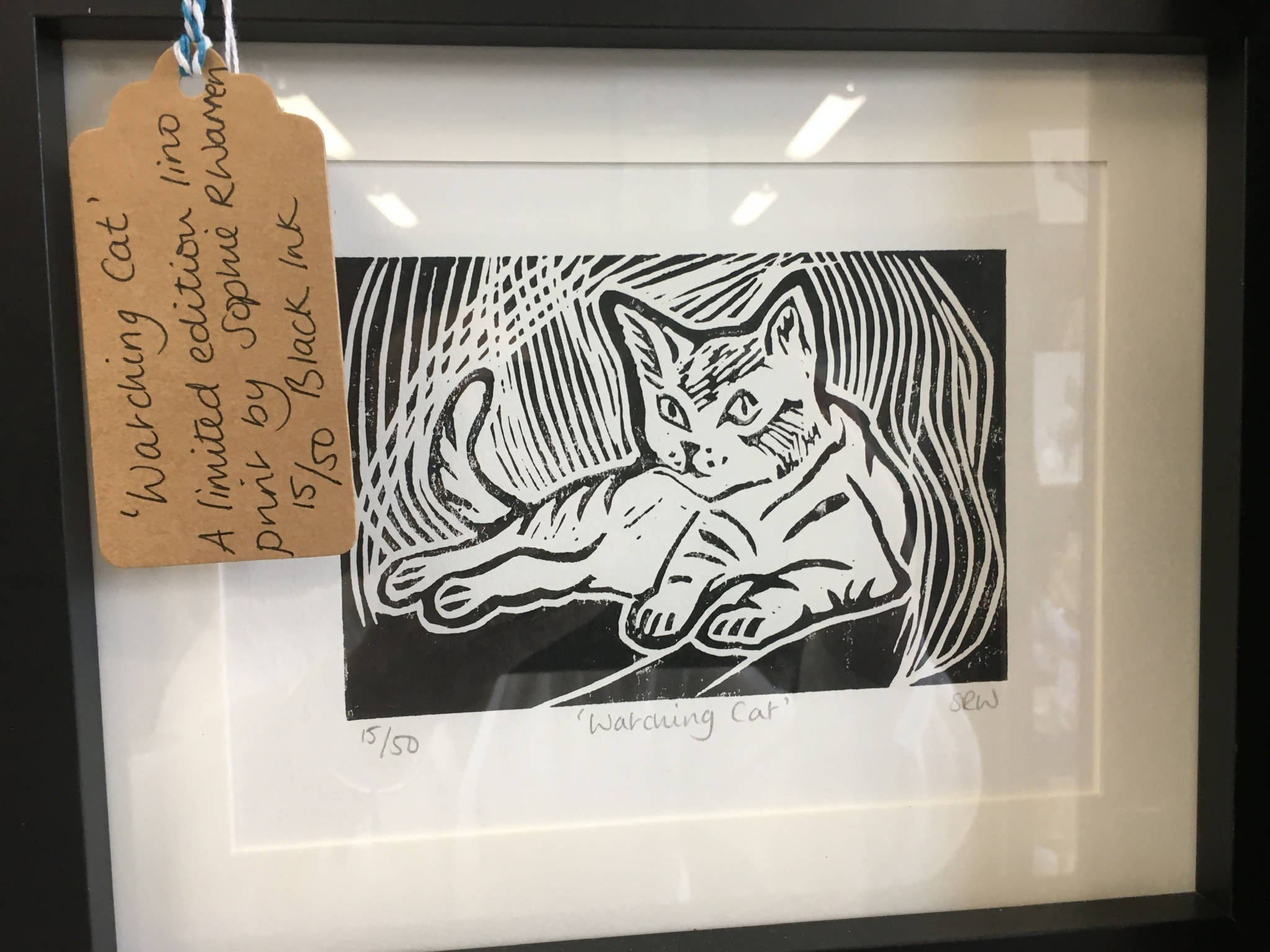Watching Cat Framed Lino Cut Print