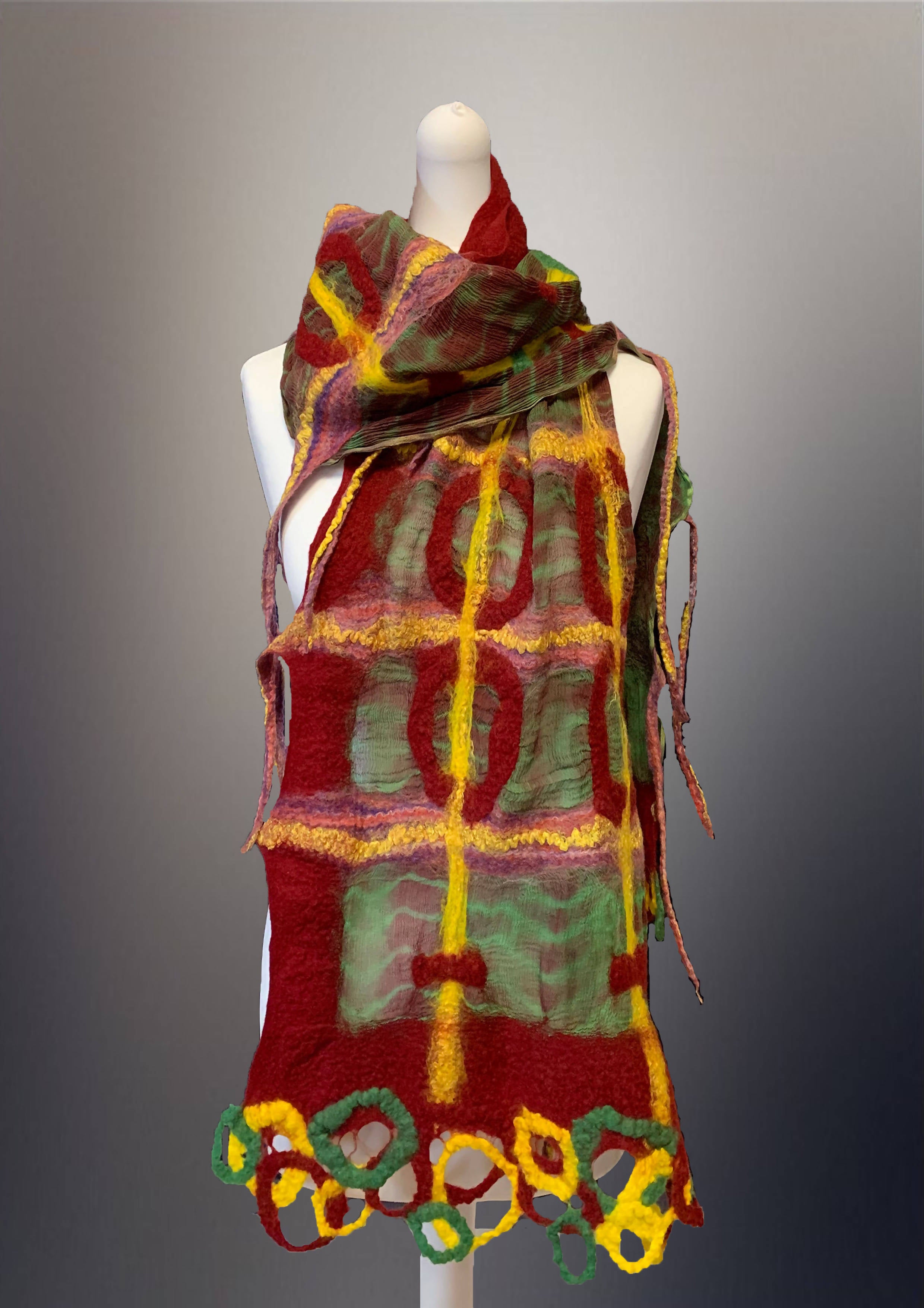 Nuno Felt Long Scarf  - Green and Burgundy