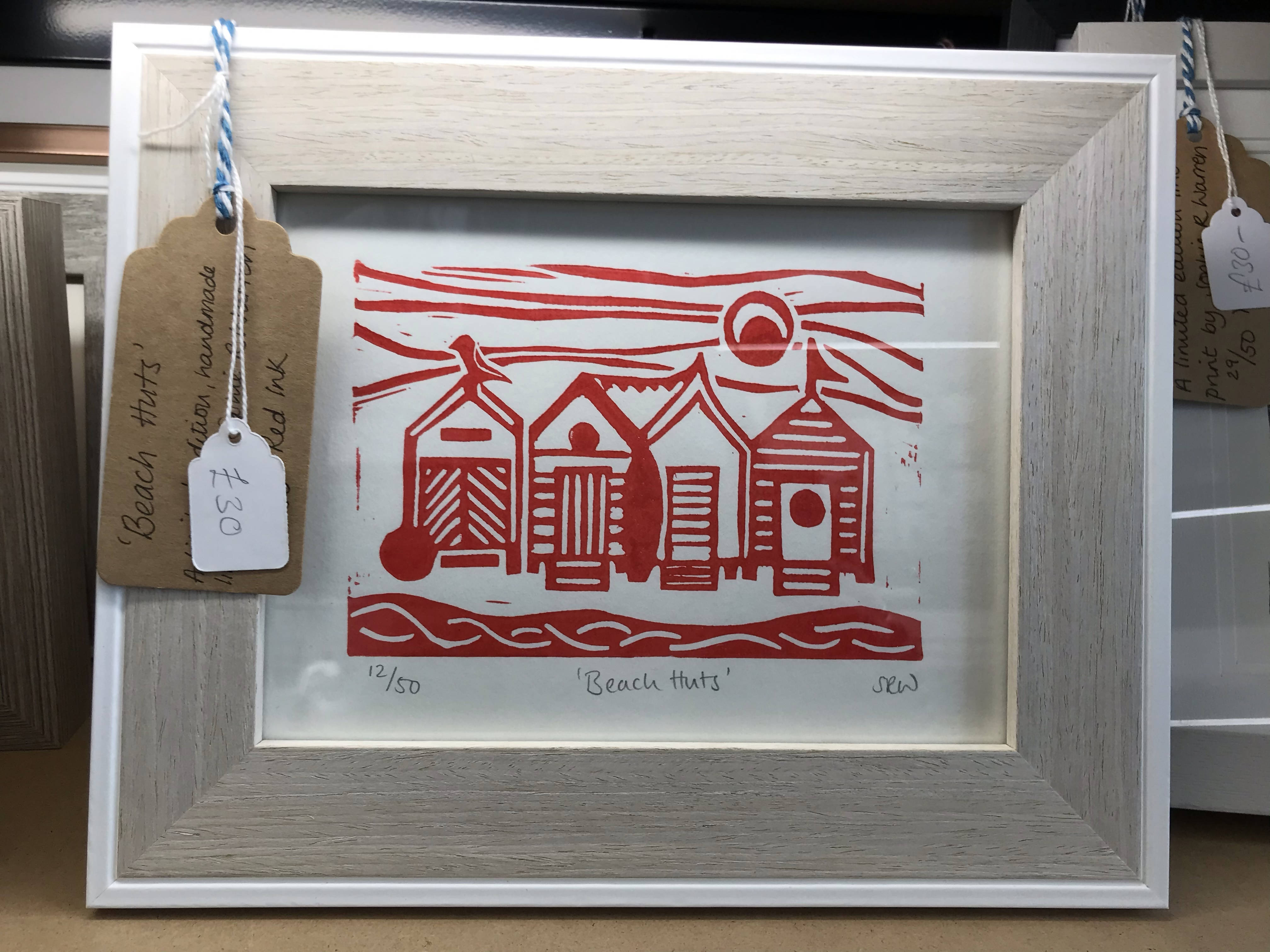 Beach Huts Framed Lino Cut Print