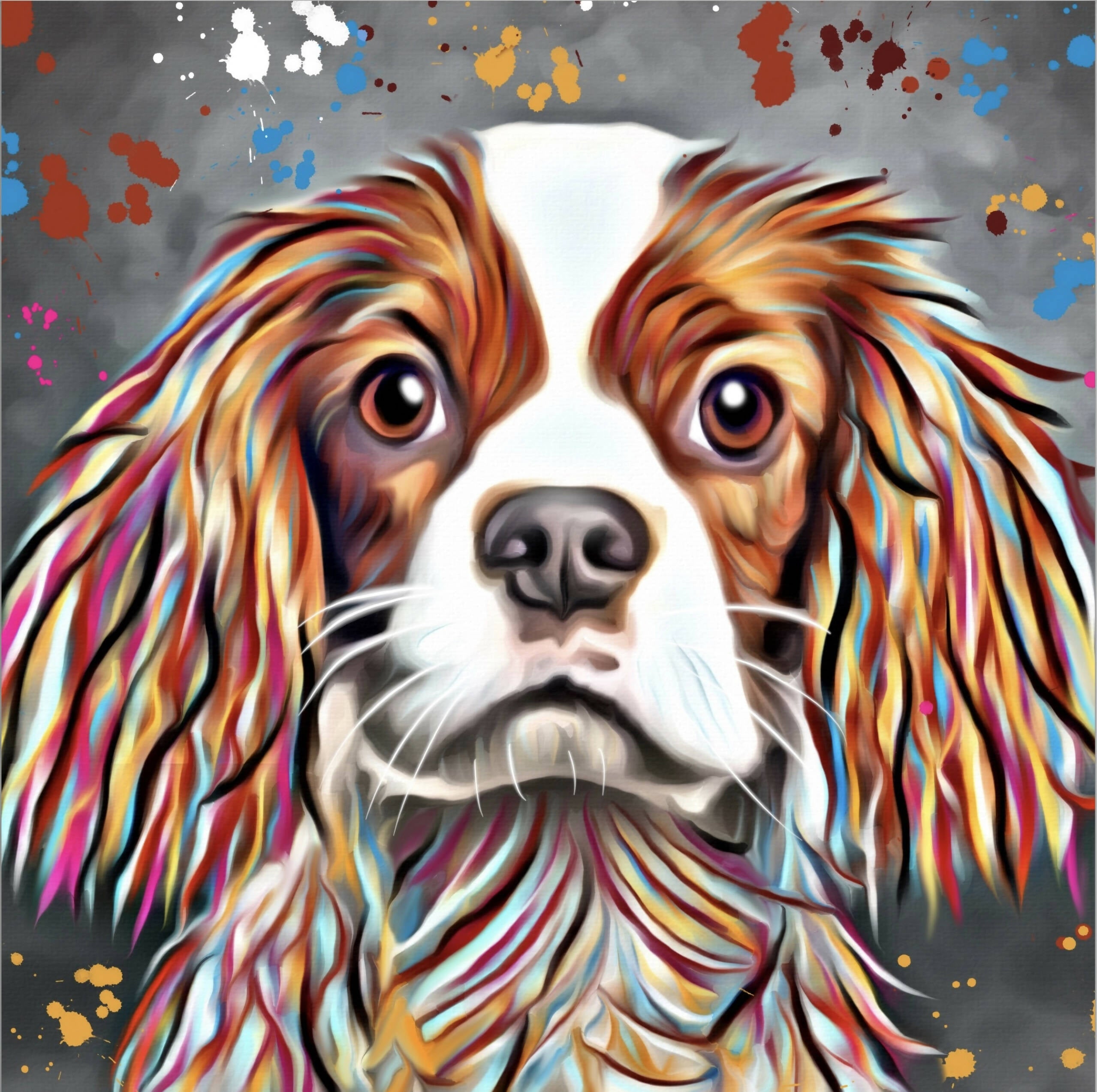 KING CHARLES SPANIEL DOG COLOUR SPLASH FRAMED ARTWORK.