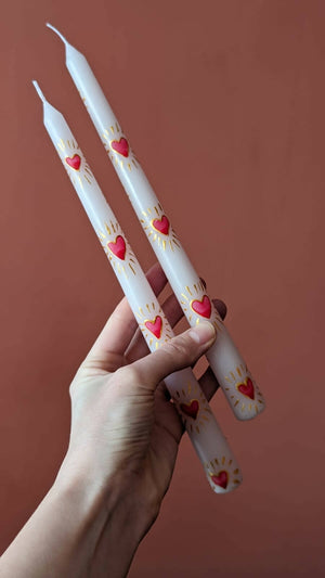 Pair of Hand Painted Heart Taper Candles