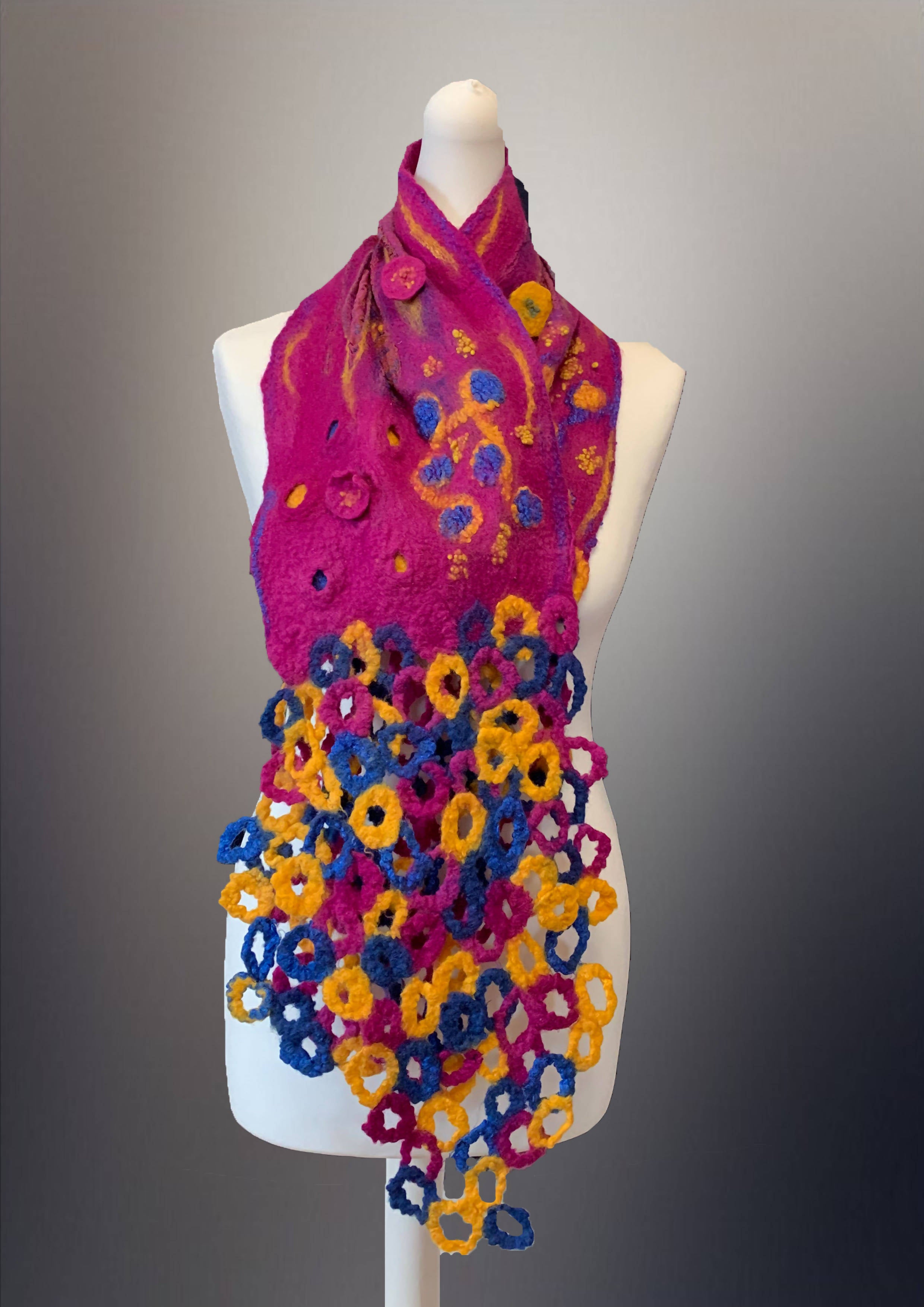 Nuno Felt Scarf - Dark Pink, Mustard and Dark Blue, With Circles at Each End