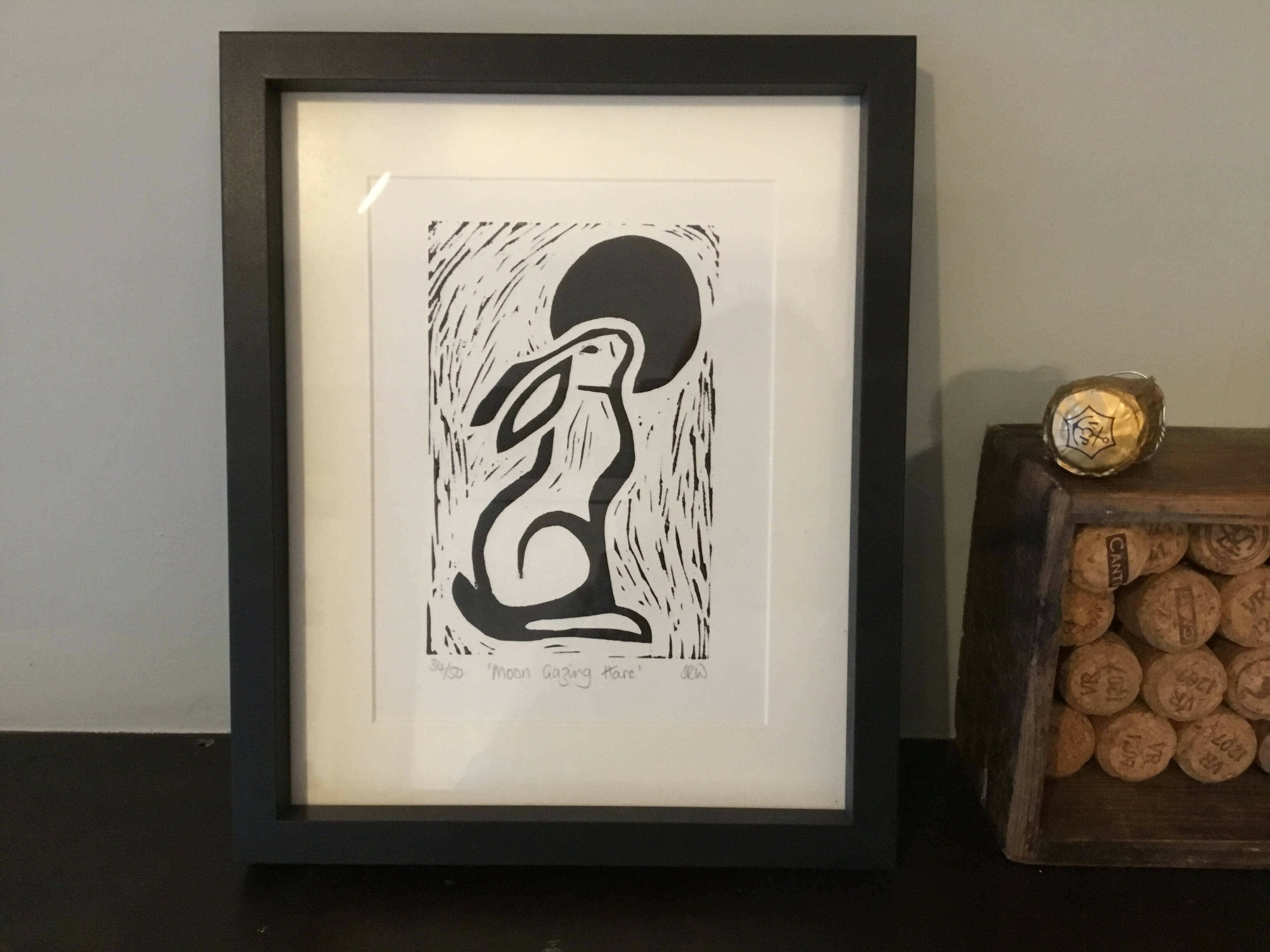 Moon Gazing Hare Framed Lino Cut Print