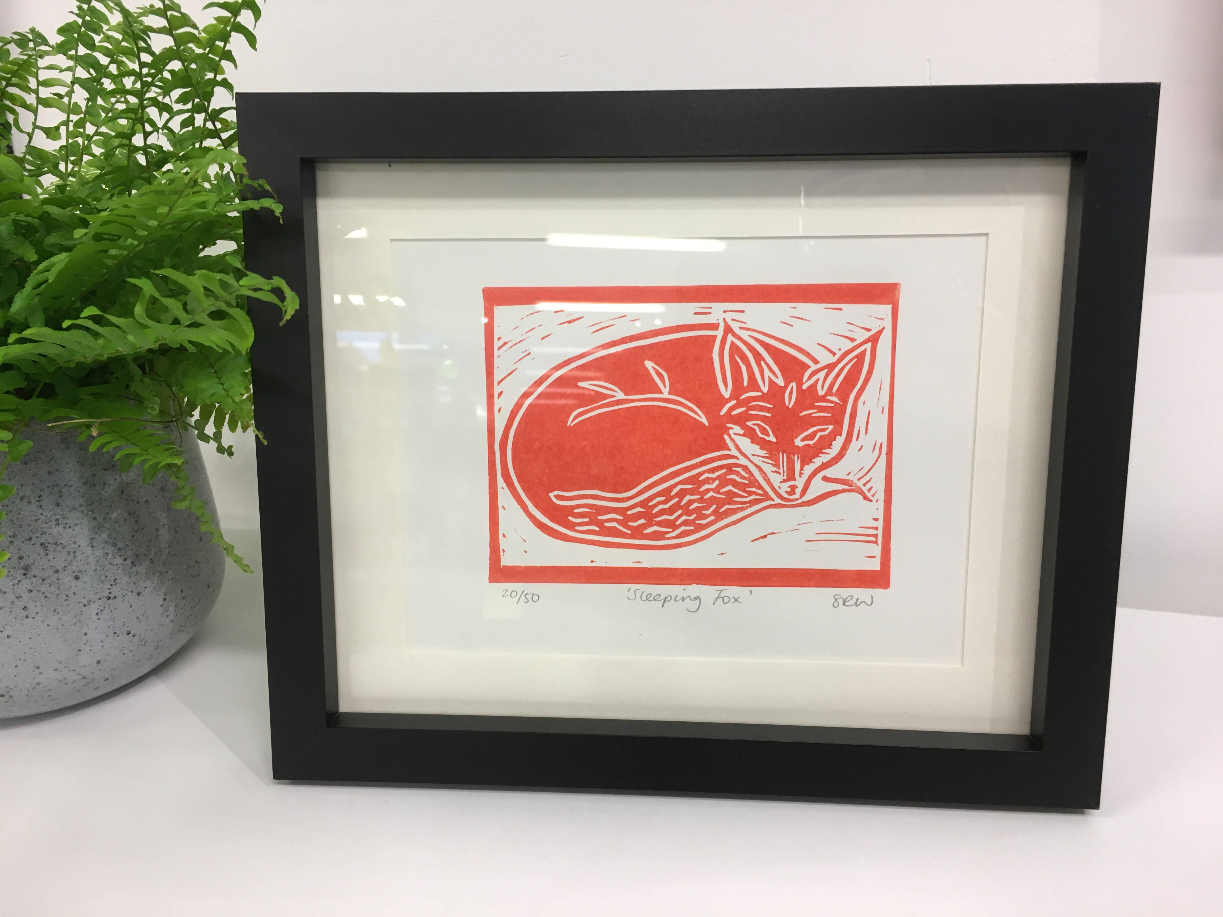 Sleeping Fox Framed Lino Cut Print