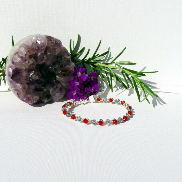 Red Agate & Silver Quartz Silver Plated Stacking Bracelet