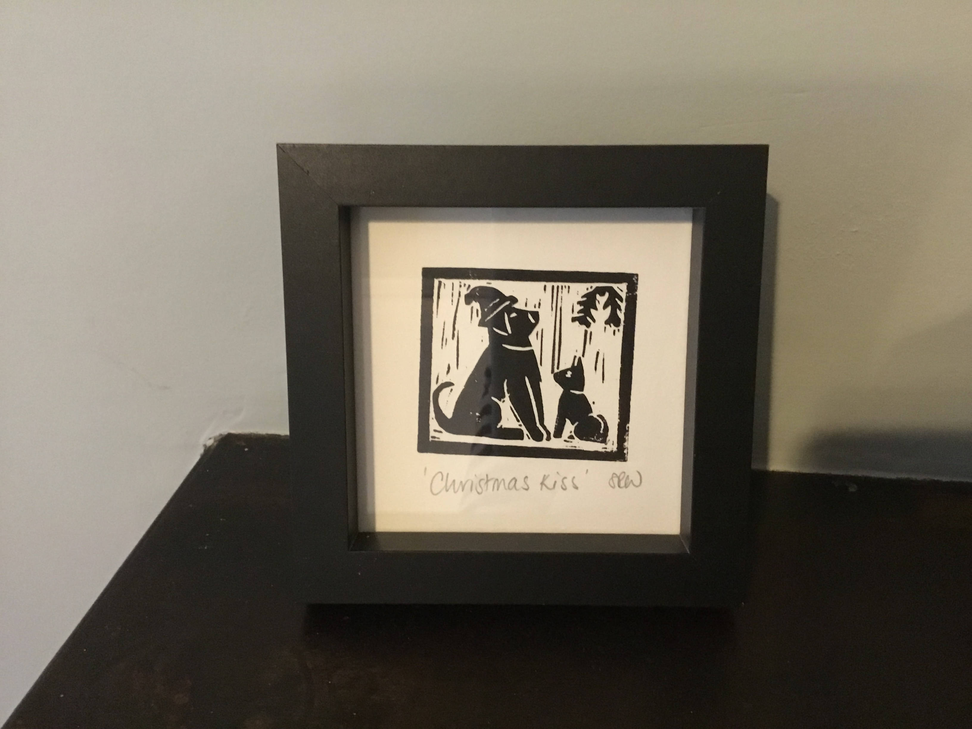 Christmas Kiss Framed Lino Cut Print