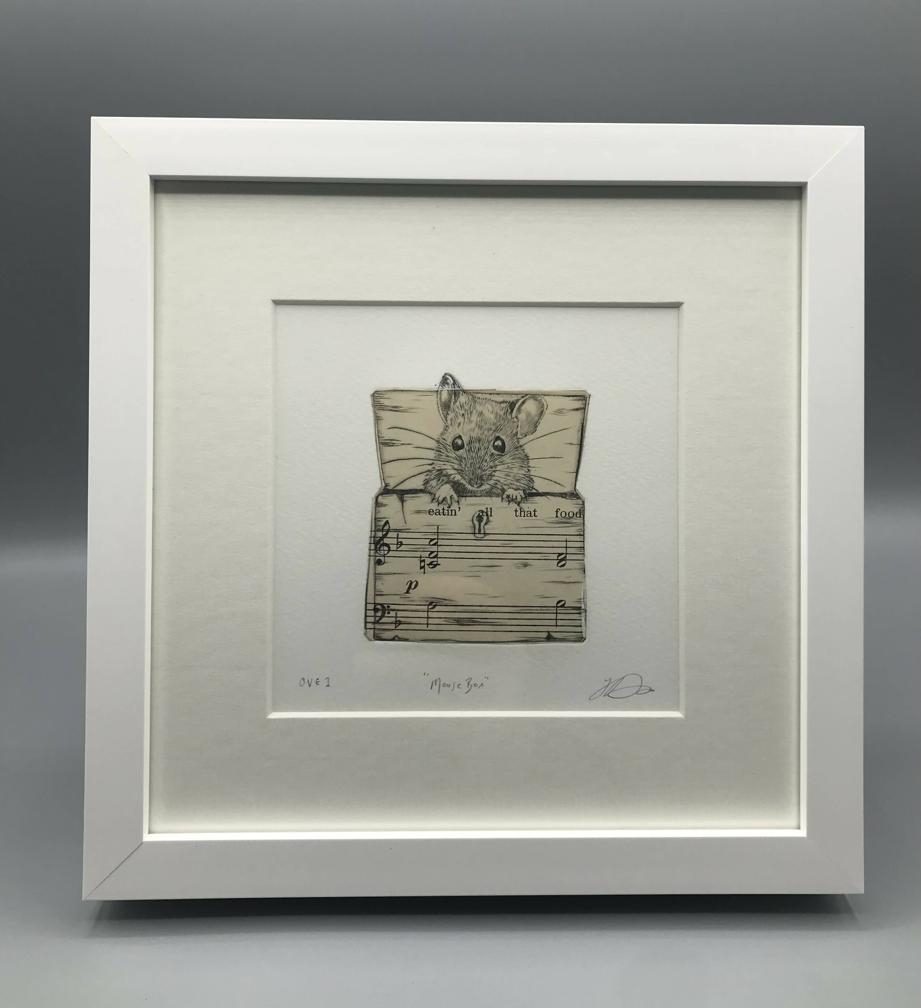 Mouse Box (O/VE 1)- framed handmade dry point print with chine colle vintage sheet music - by Jenny Davies