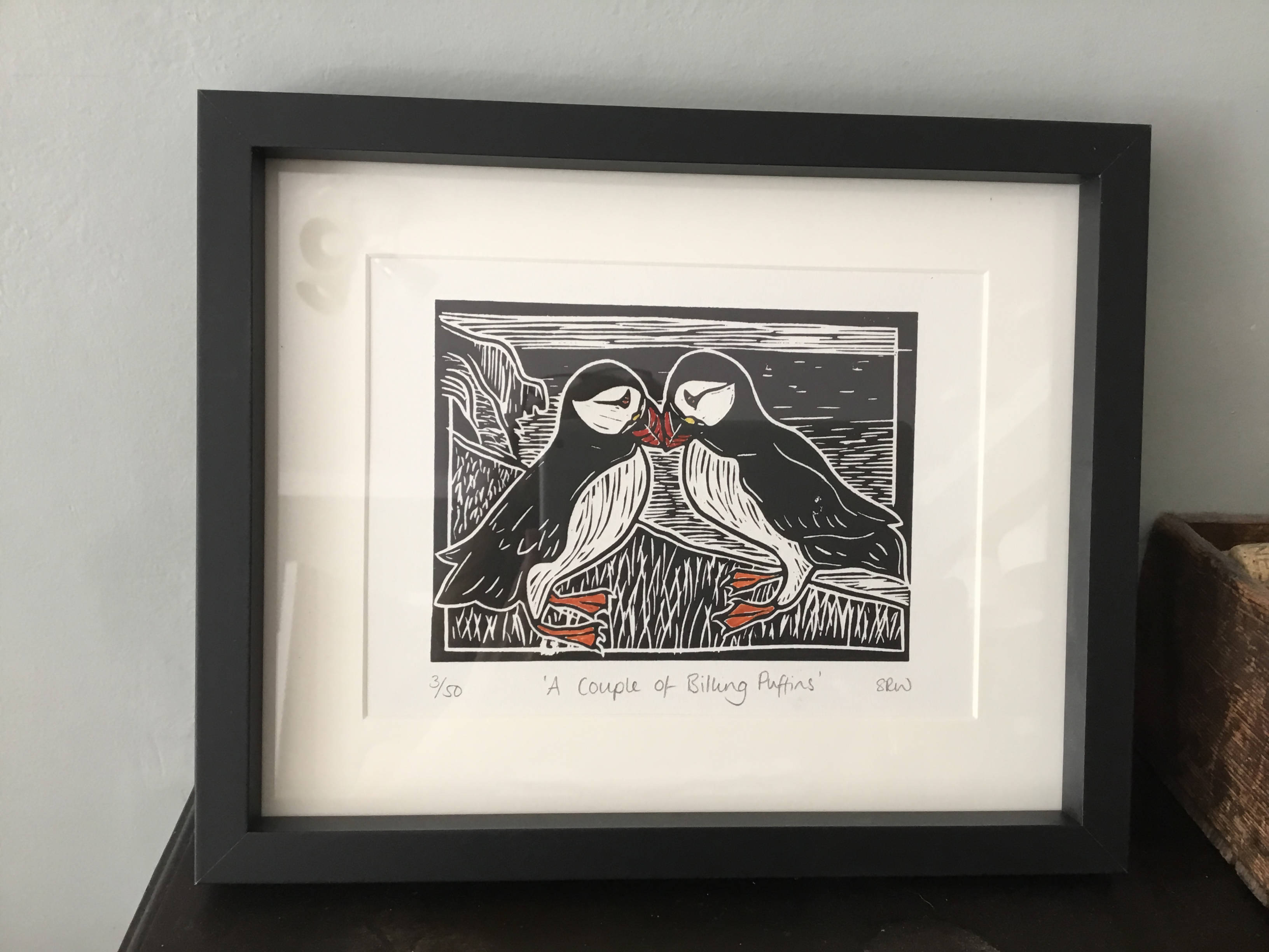 A Couple of Billing Puffins Framed Lino Cut Print