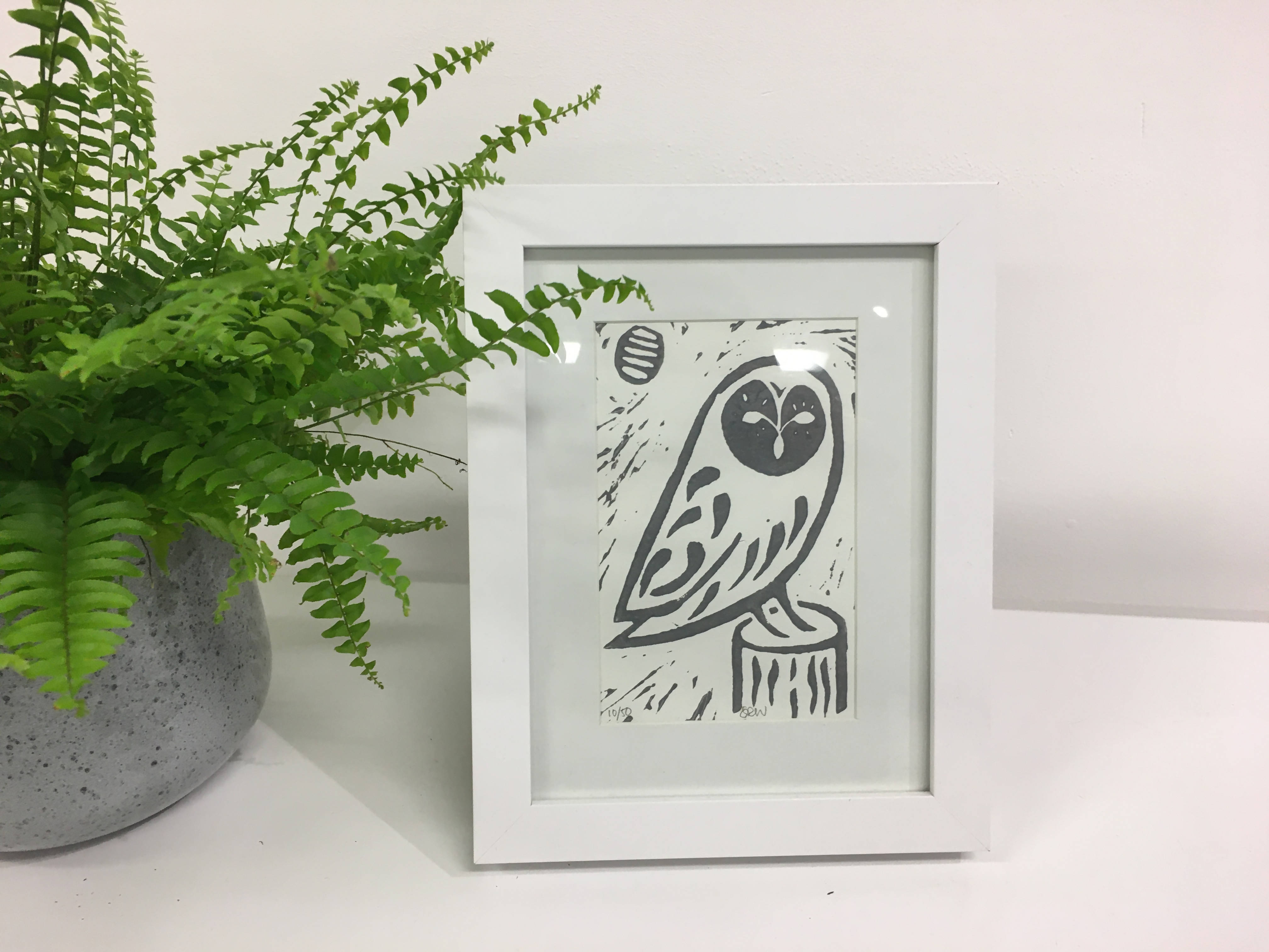 Perching Owl Framed Lino Cut Print