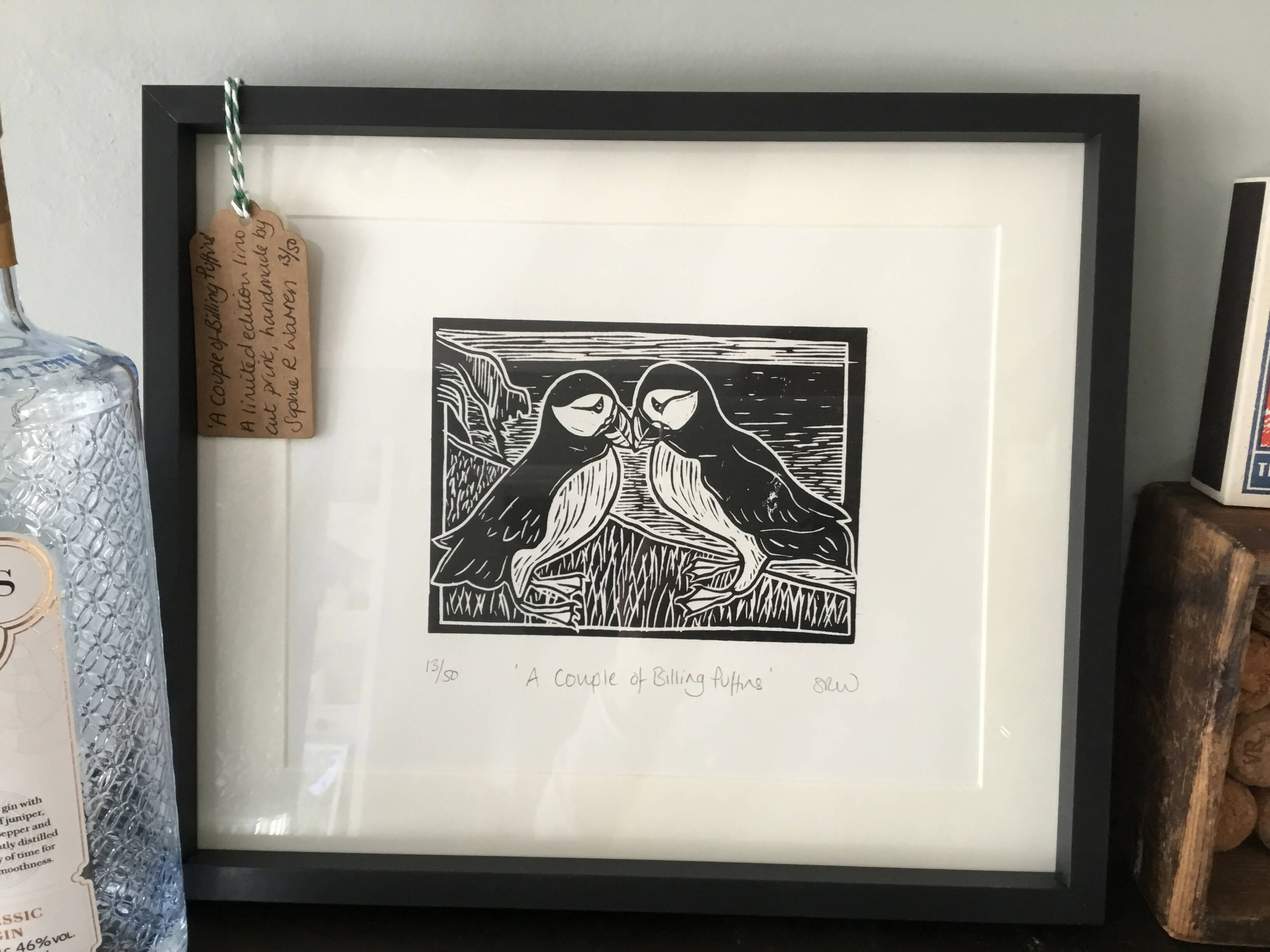 A Couple of Billing Puffins Framed Lino Cut Print