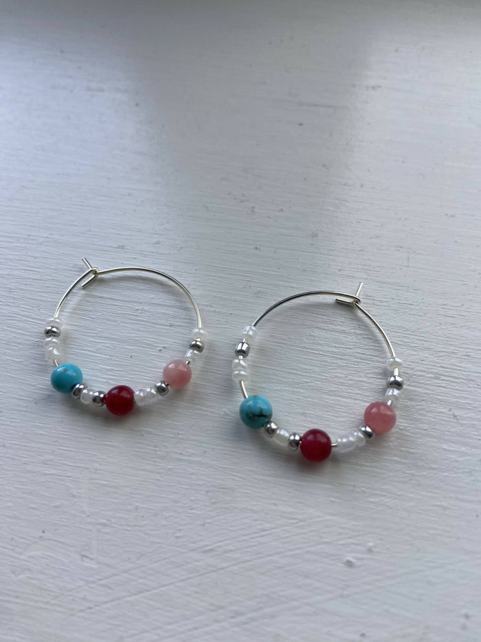 Blue and cherry pink agate earrings