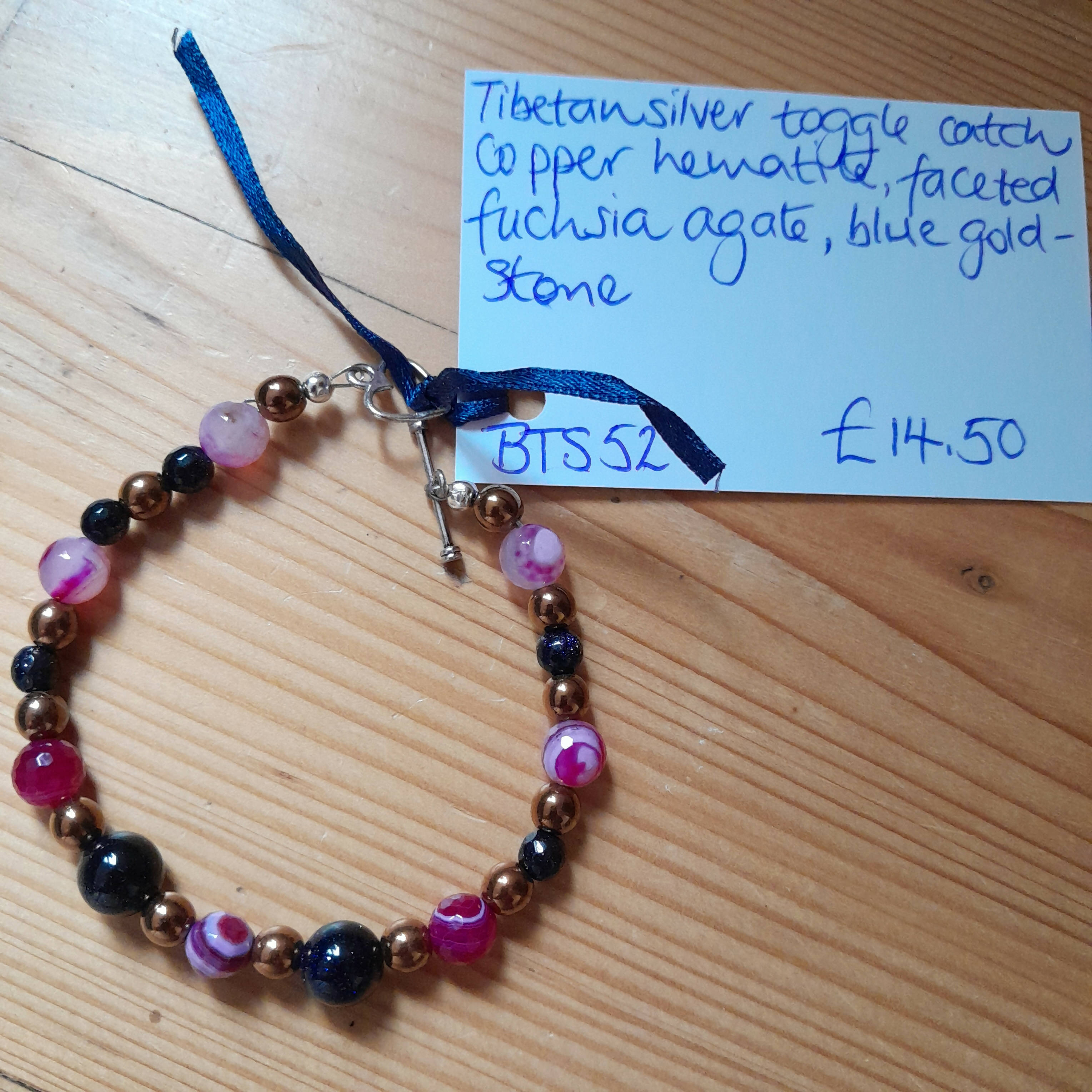 Tibetan Silver Toggle Catch Bracelet with Copper Hematite, Faceted Fuchsia Agate and Blue Goldstone