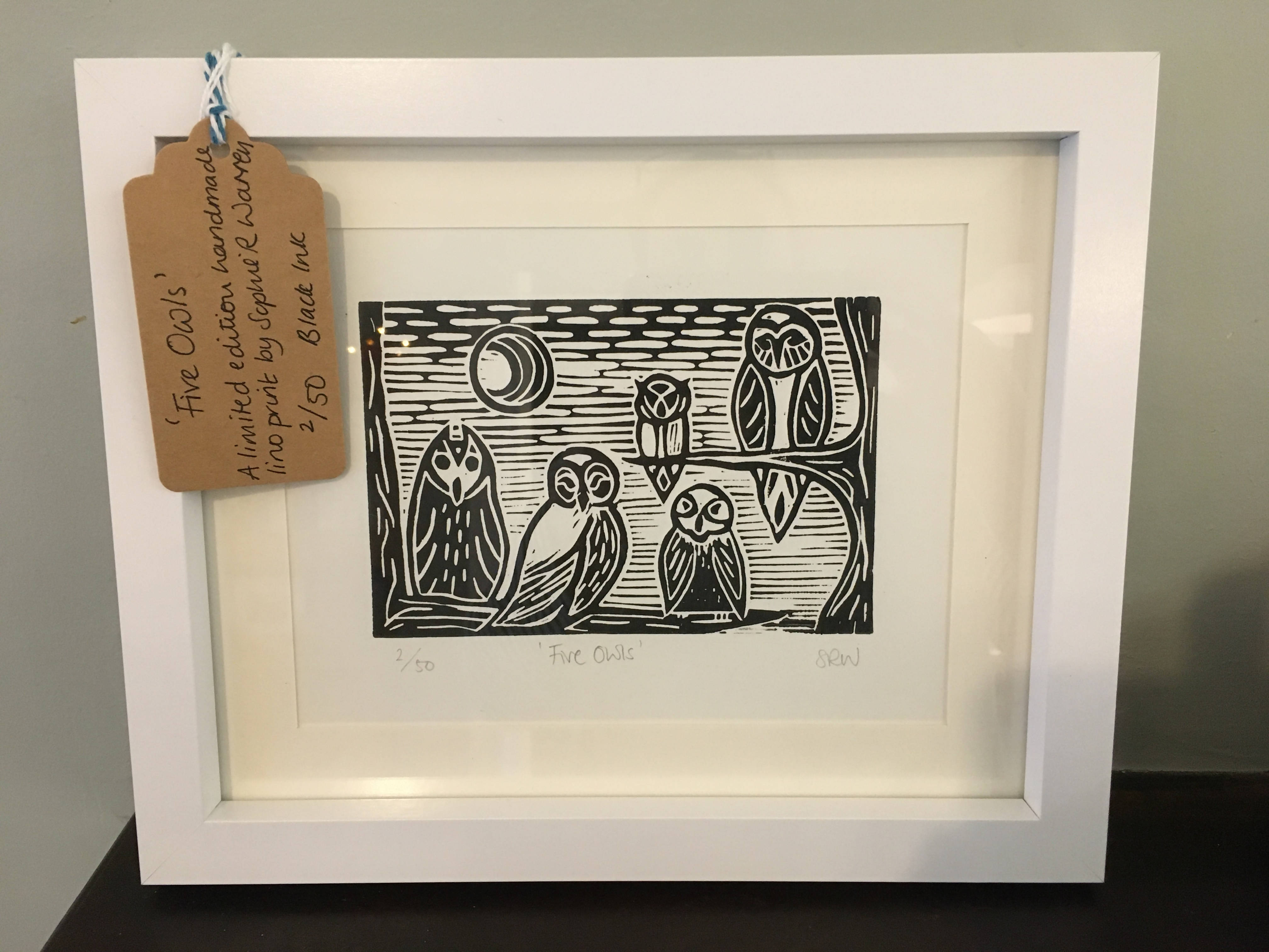 Five Owls Framed Lino Cut Print