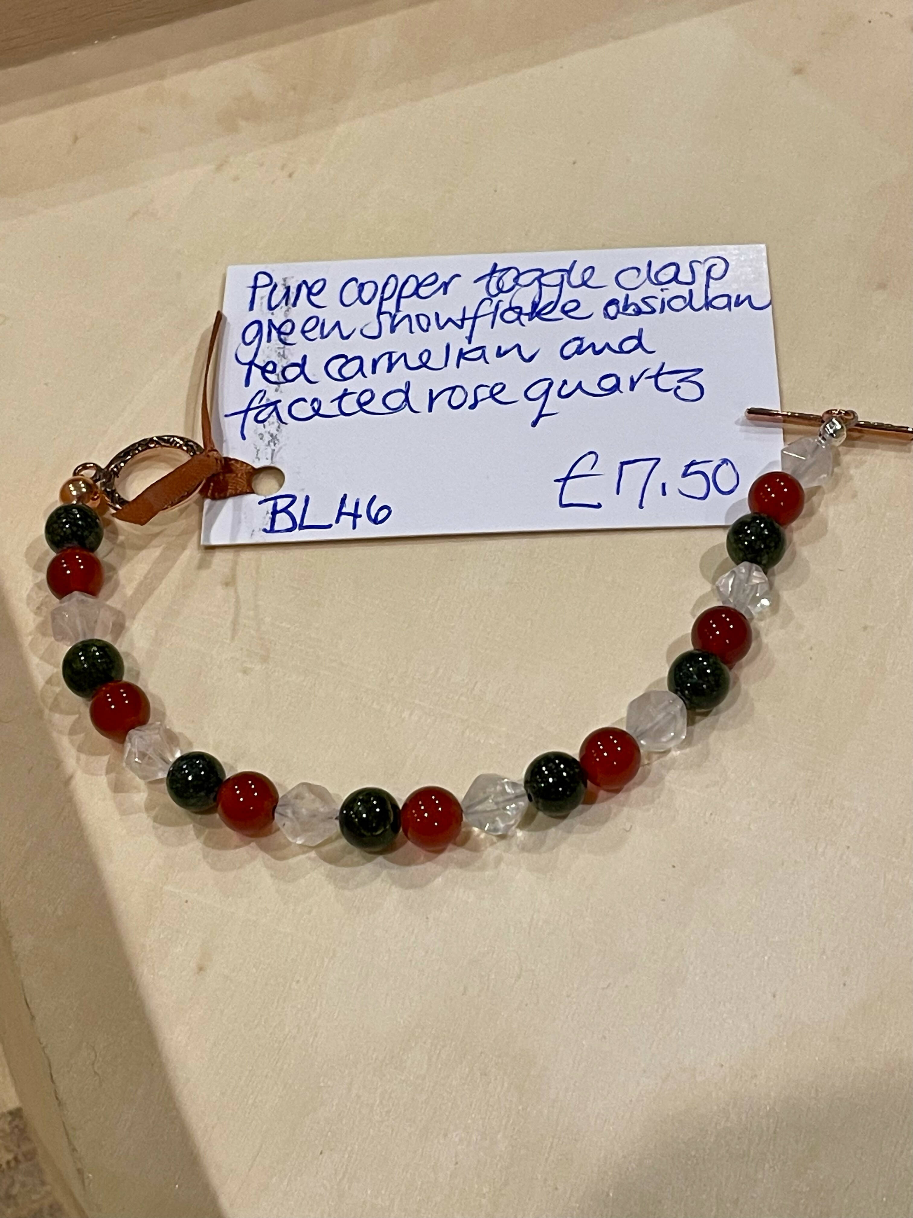 Pure Copper Toggle Clasp Bracelet with Green Snowflake Obsidian, Red Carnelian and Faceted Rose Quartz