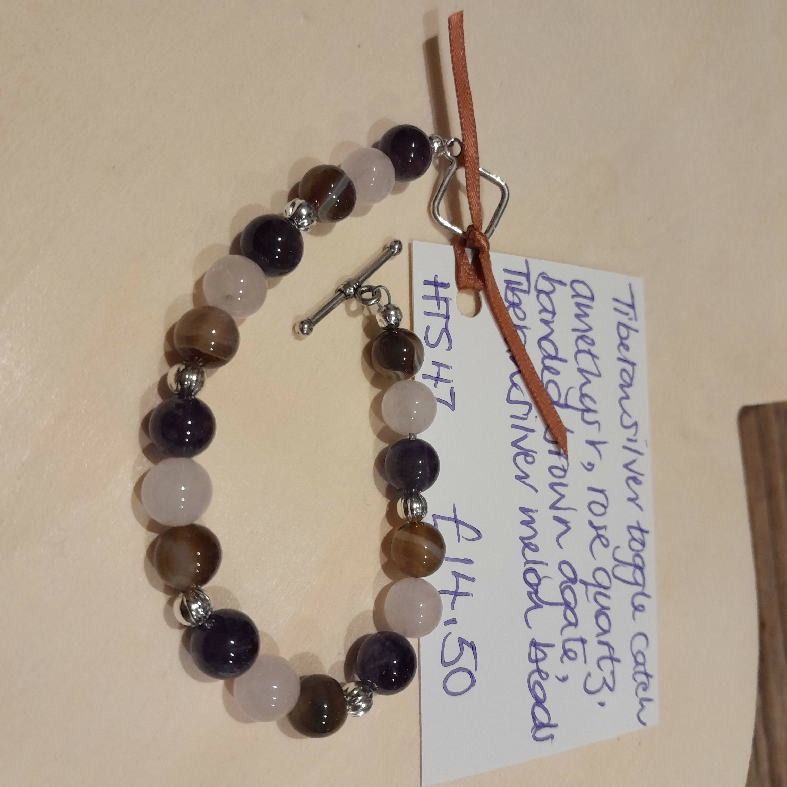Tibetan Silver Toggle Catch Bracelet with Amethyst, Rose Quartz, Banded Brown Agate and Melon Beads