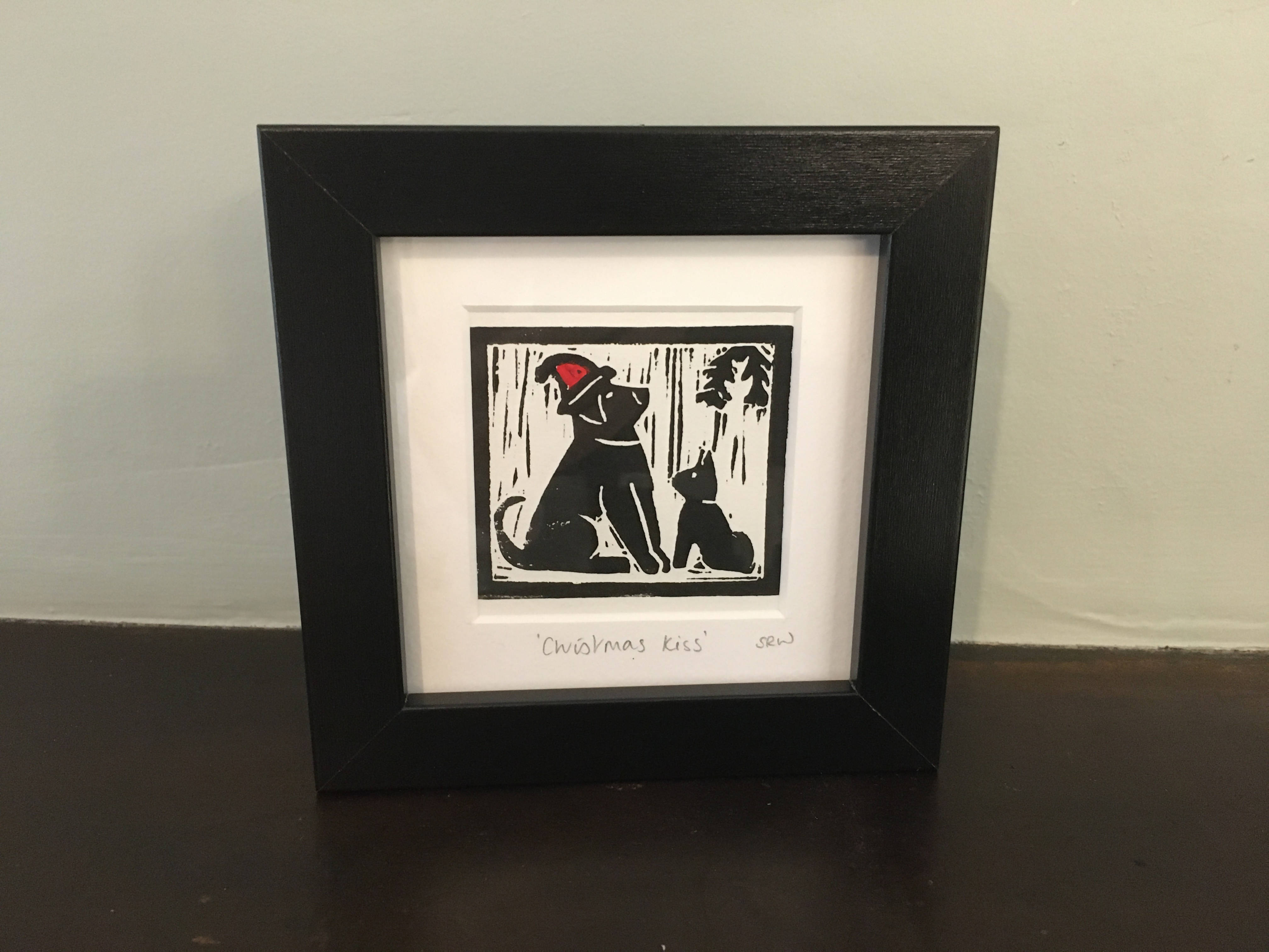 Christmas Kiss Framed Lino Cut Print
