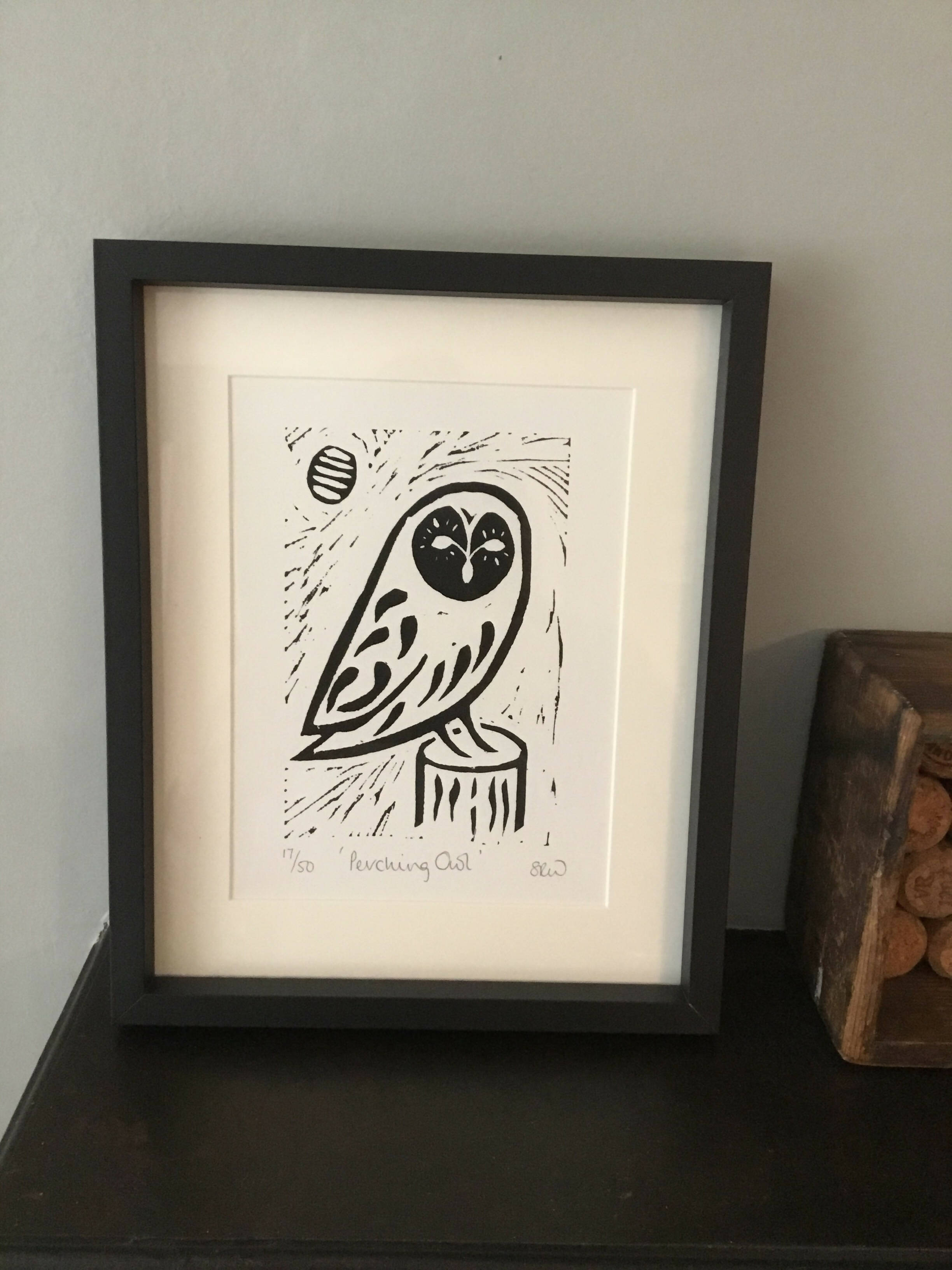 Perching Owl Framed Lino Cut Print