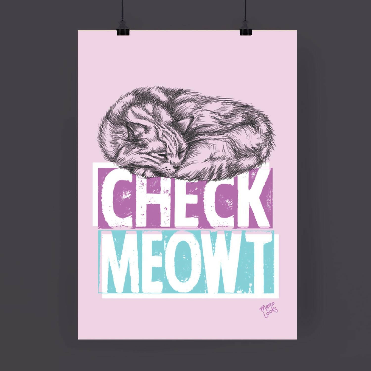 Purple and blue cat pun print with illustration of the cat on top of the typography.