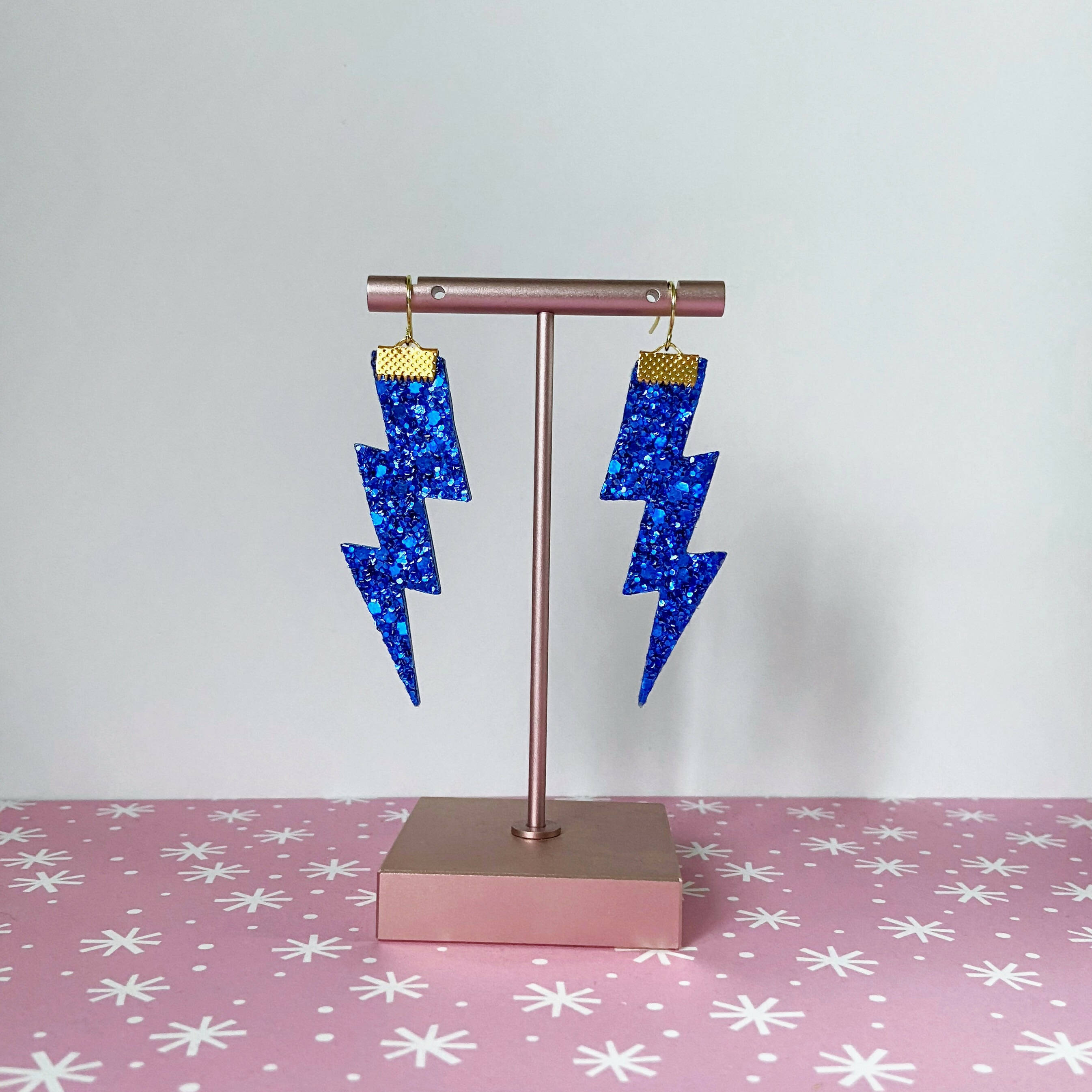 Flash Lightning Bolt Earrings in Blue Glitter