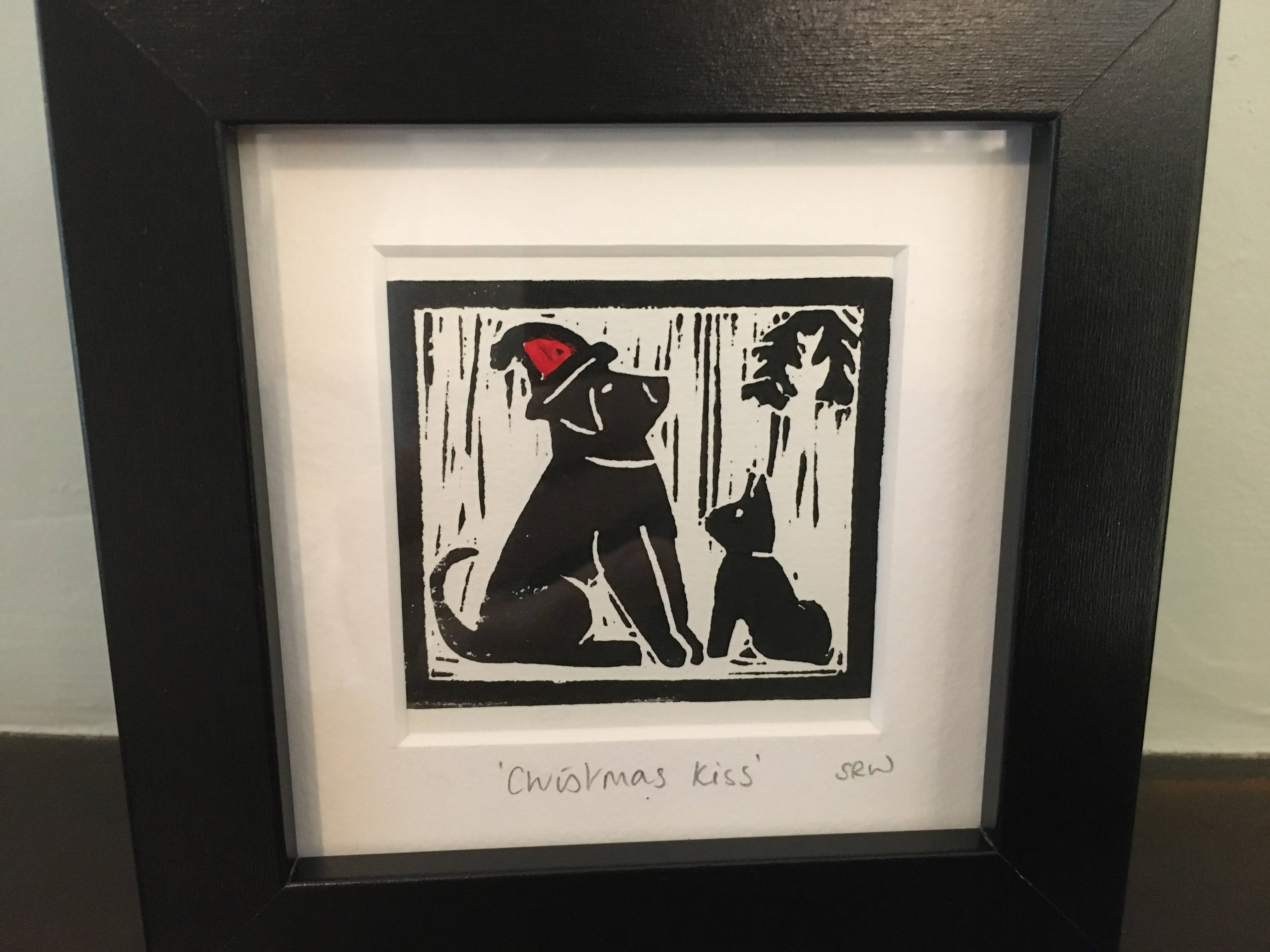 Christmas Kiss Framed Lino Cut Print