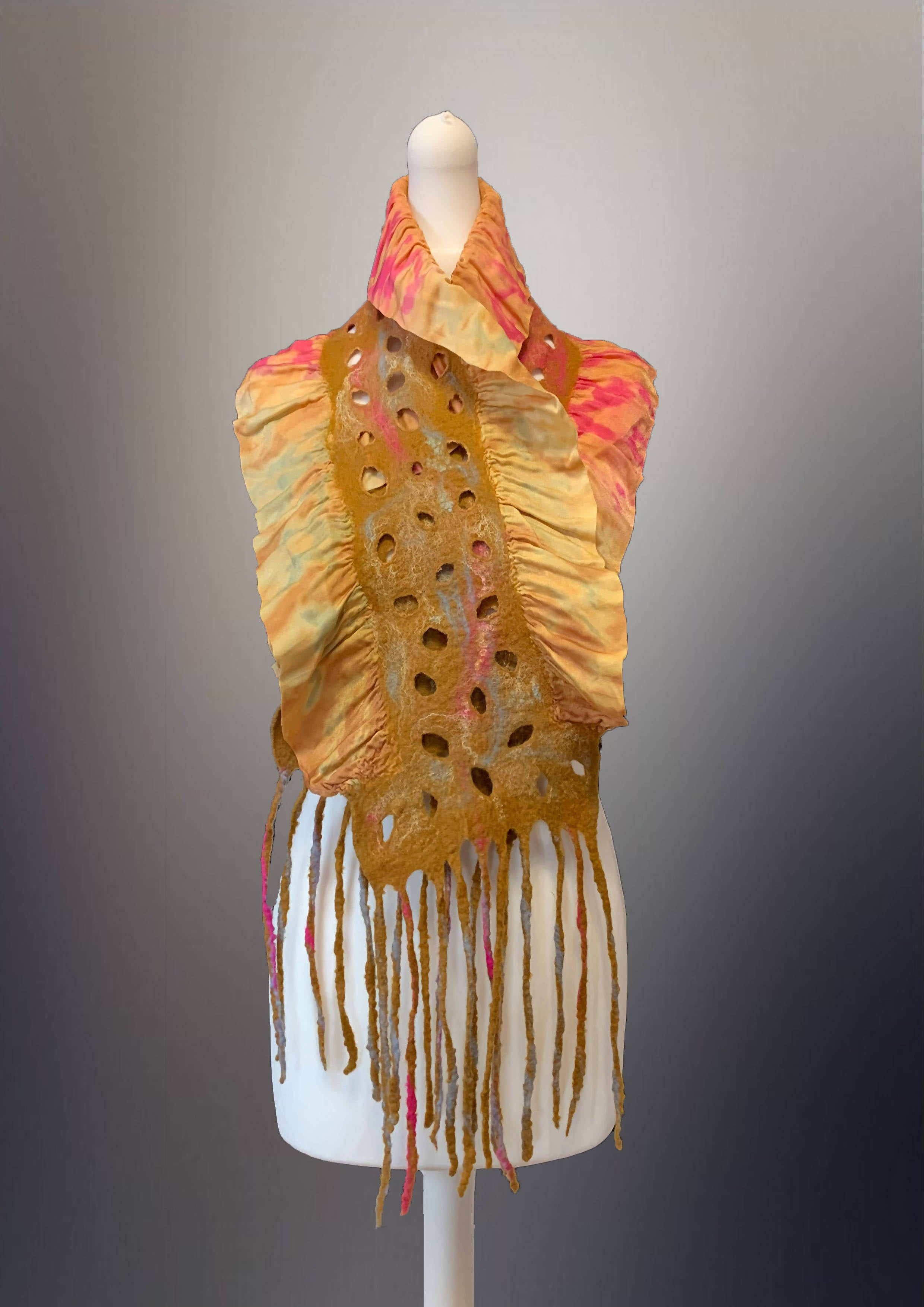 Nuno Felt  Ruffle Scarf - Pink and Beige With Lace Effect In The Middle