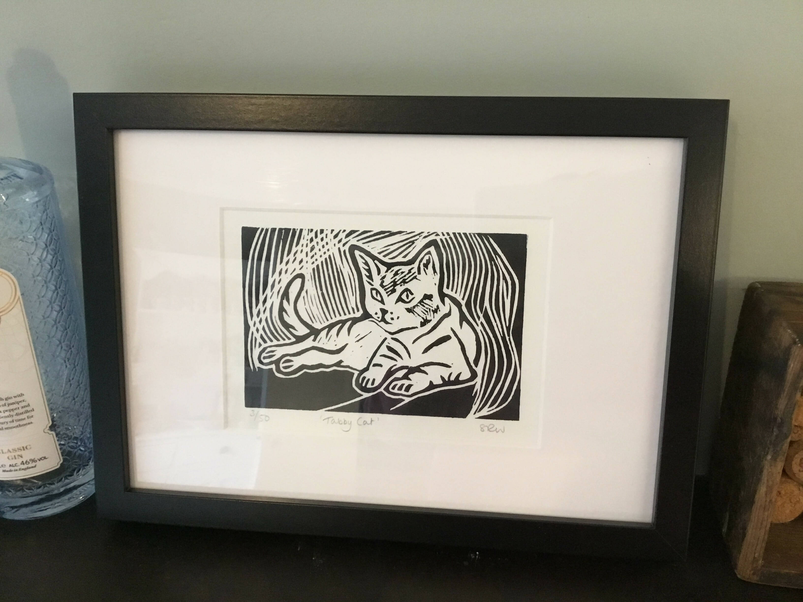 Watching Cat Framed Lino Cut Print