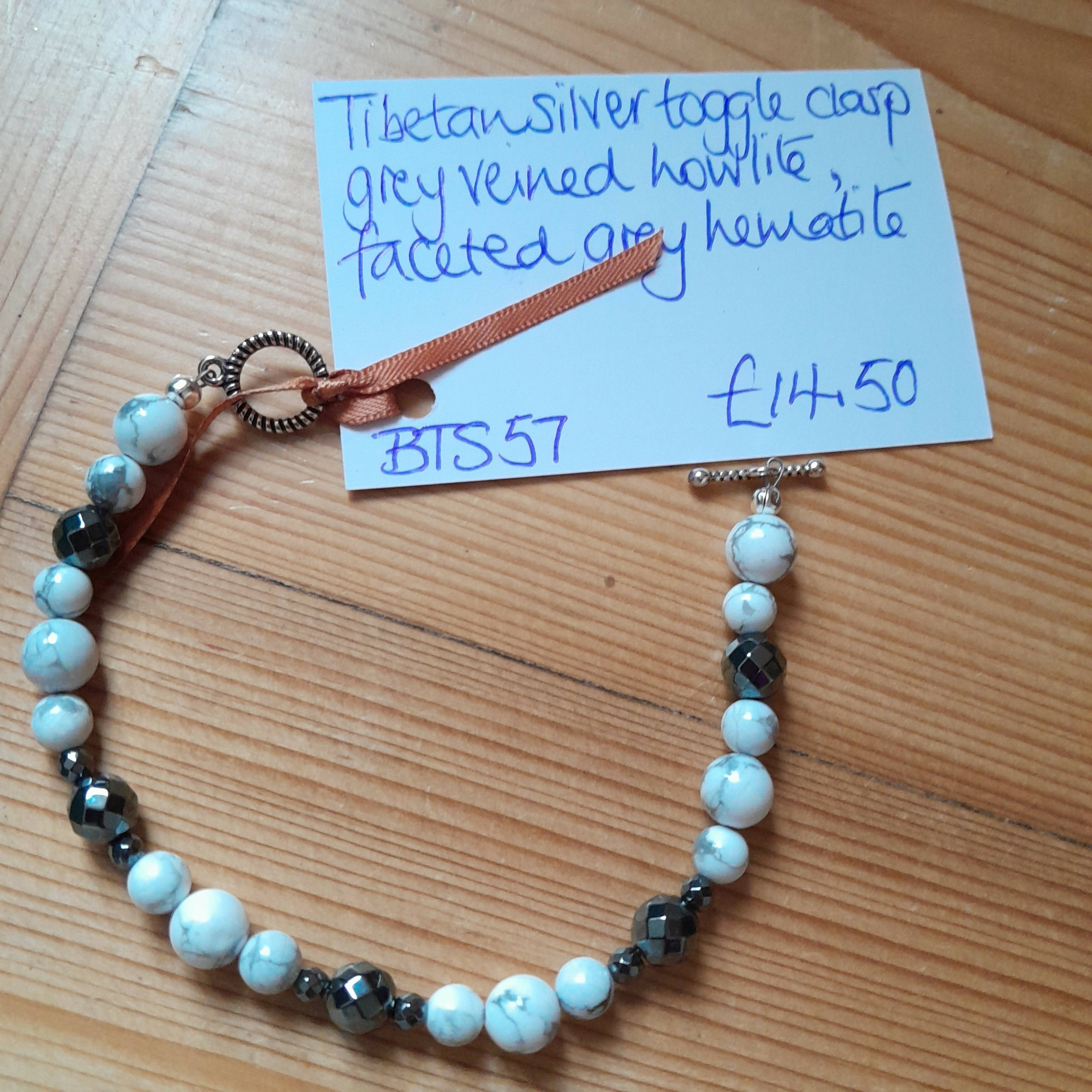 Tibetan Silver Toggle Bracelet with Grey Veined Howlite and Faceted Grey Hematite