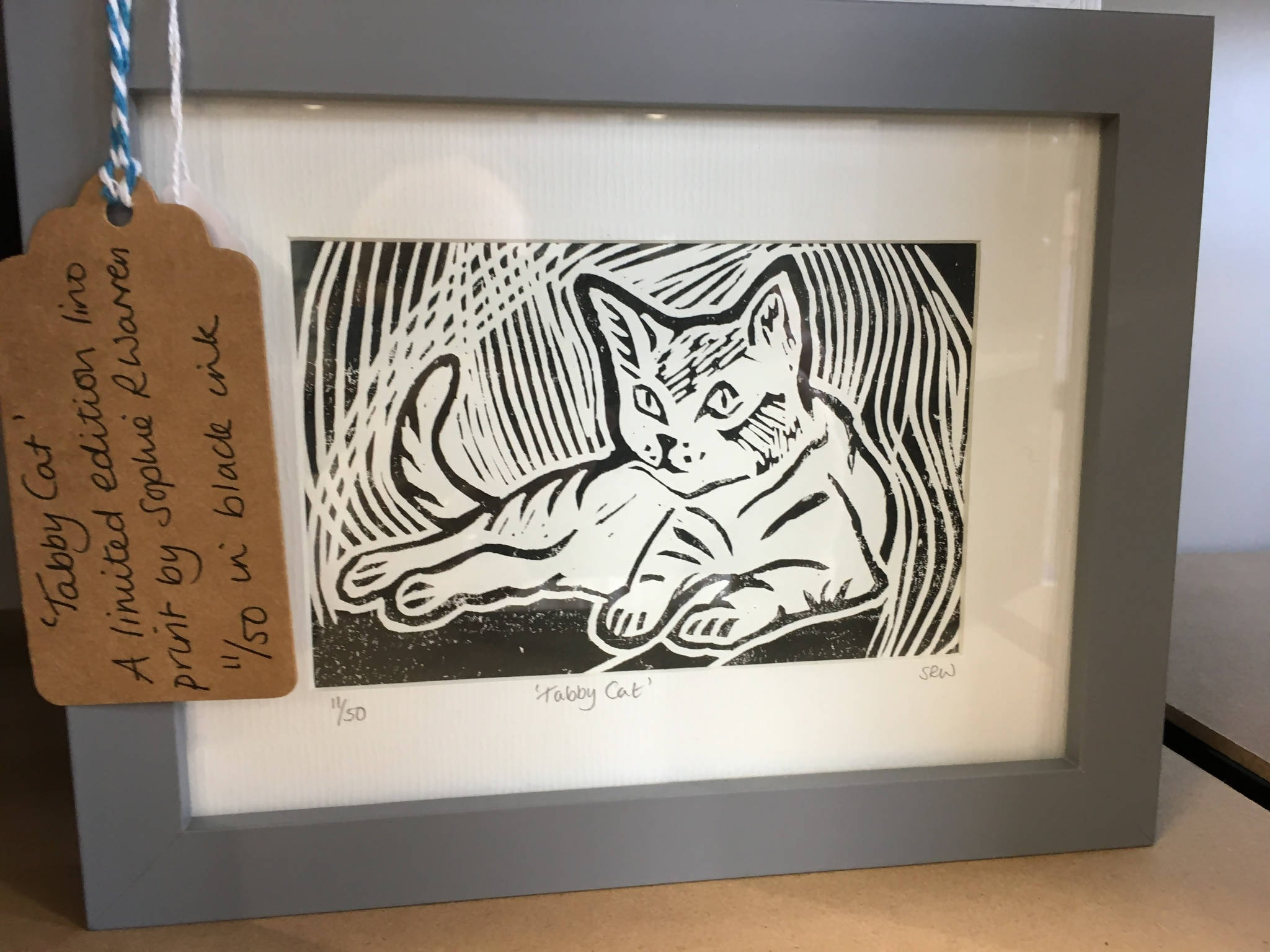 Watching Cat Framed Lino Cut Print