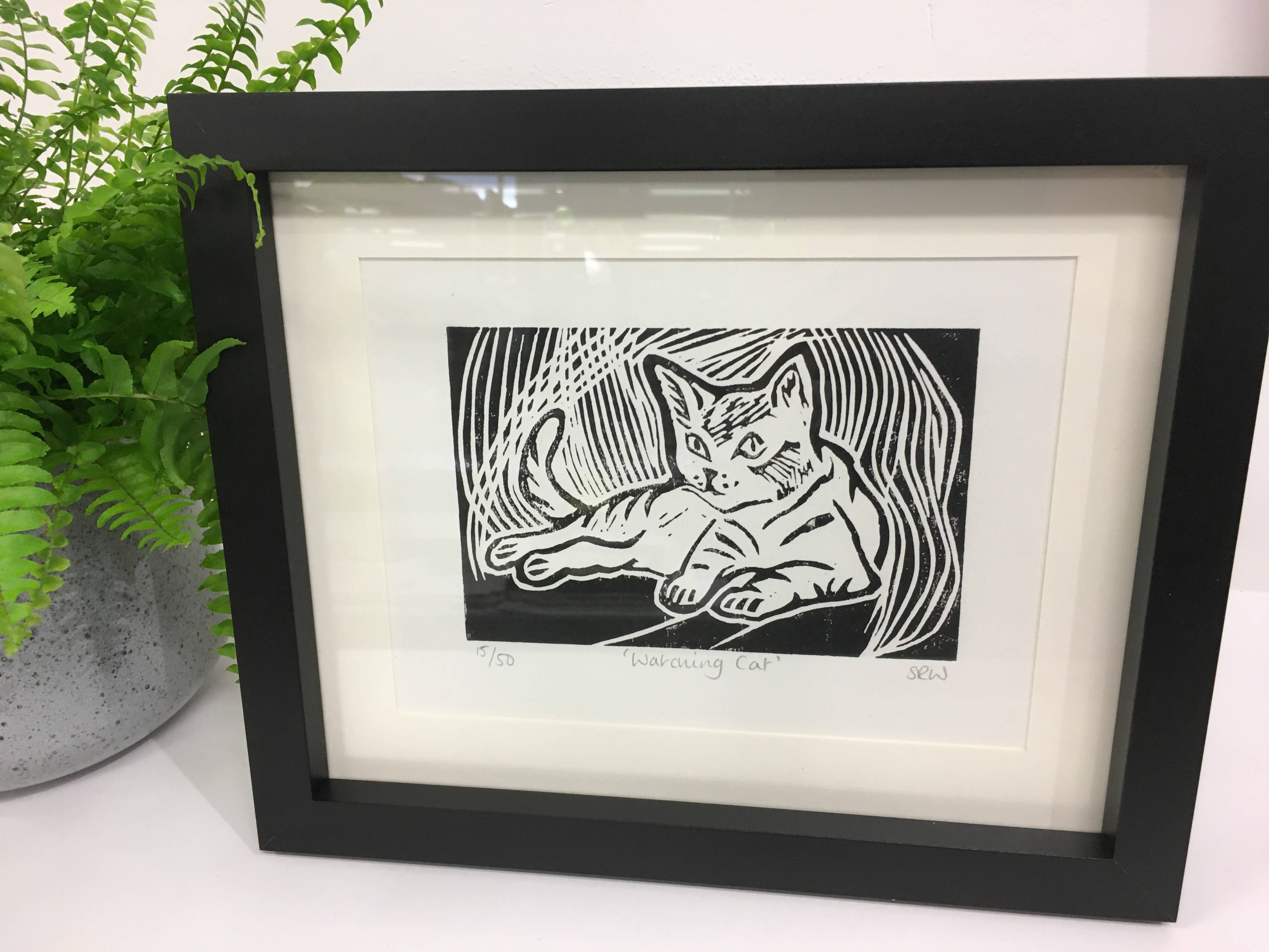 Watching Cat Framed Lino Cut Print