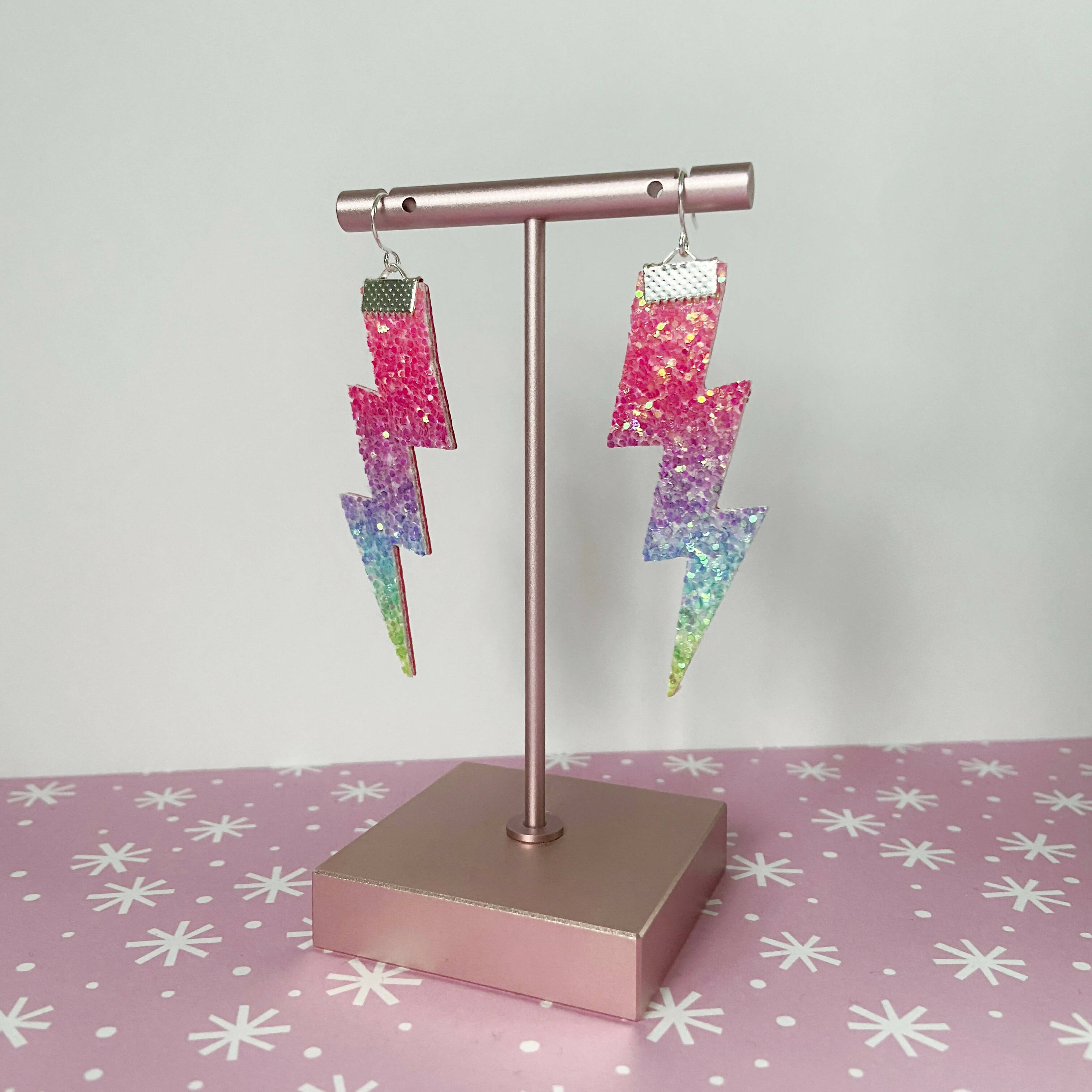 Flash Lightning Bolt Earrings in Rainbow Glitter