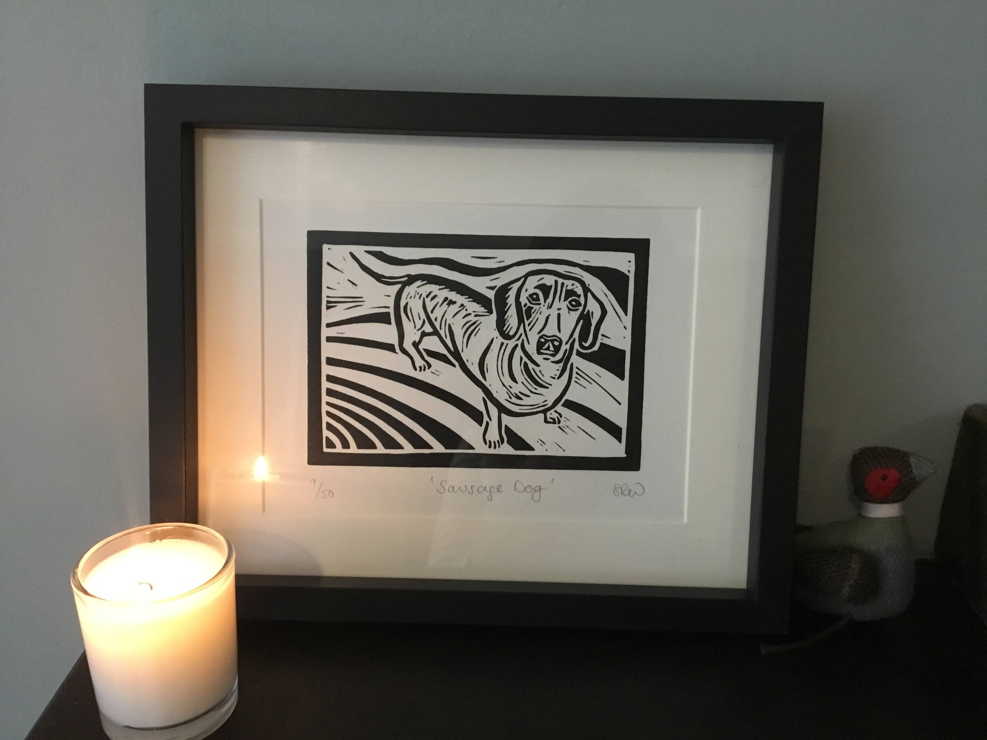 Sausage Dog Framed Lino Cut Print