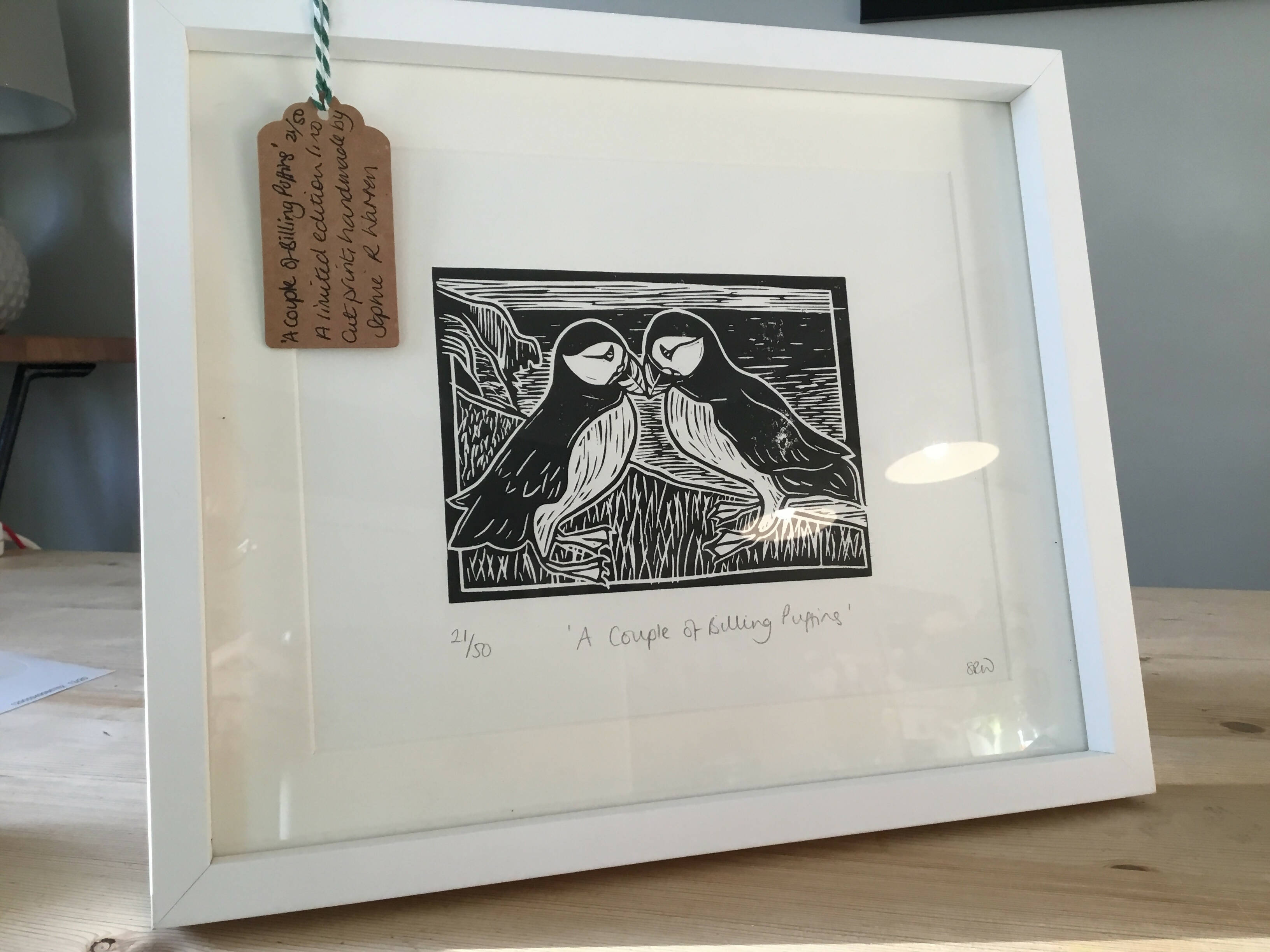 A Couple of Billing Puffins Framed Lino Cut Print