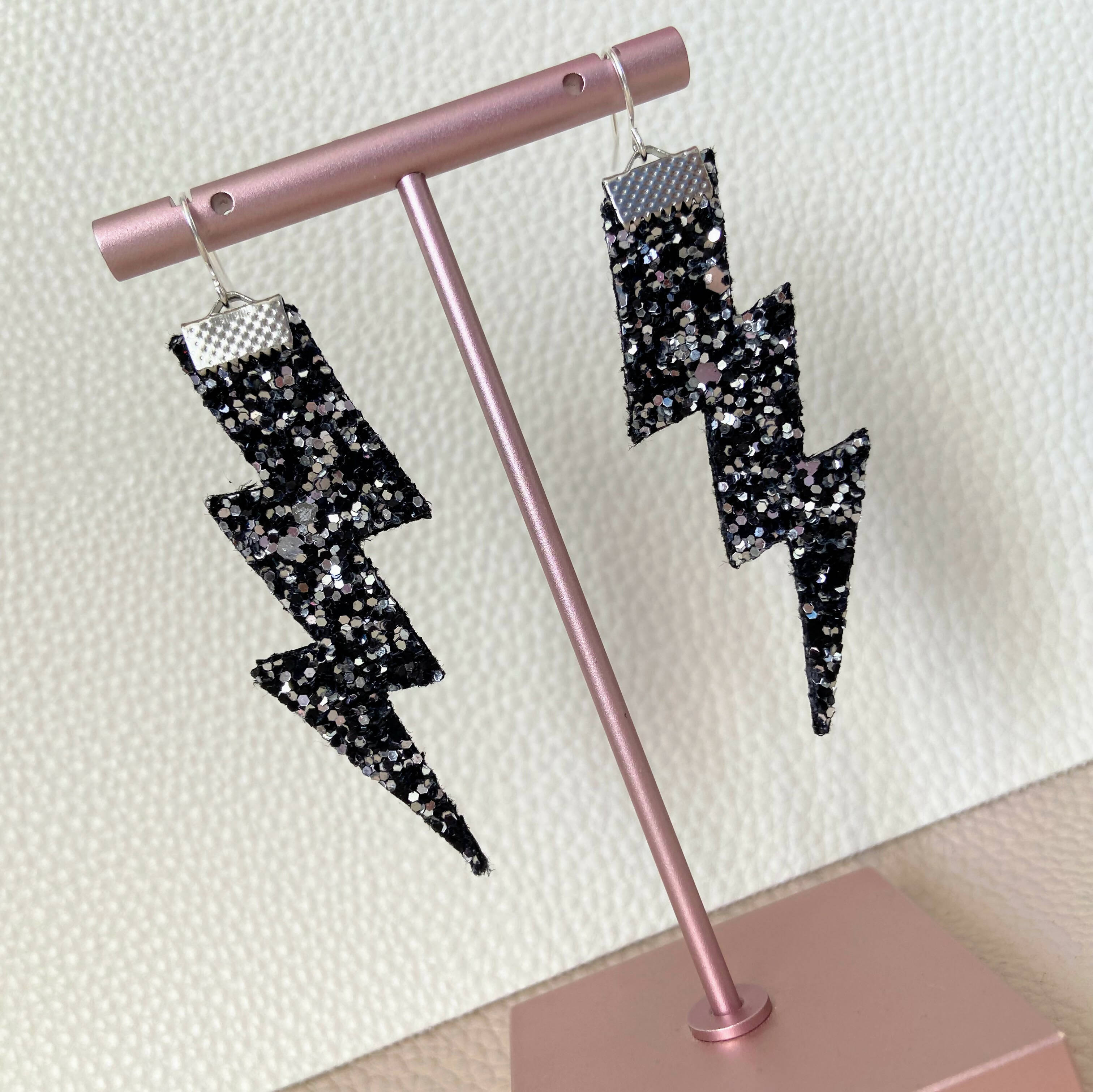 Flash Lightning Bolt Earrings in Black Grey Glitter