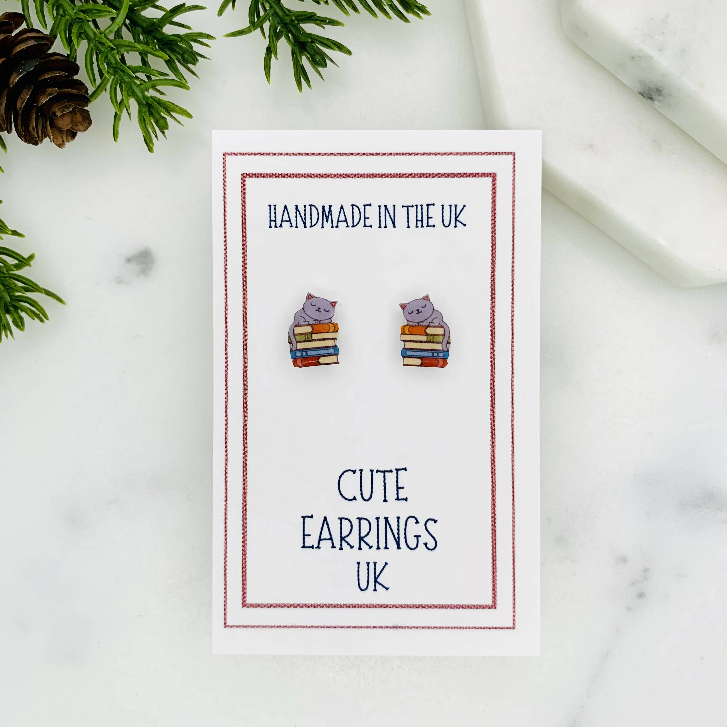 Cat on Books Stud Earrings for Book Lovers | Art & Soul