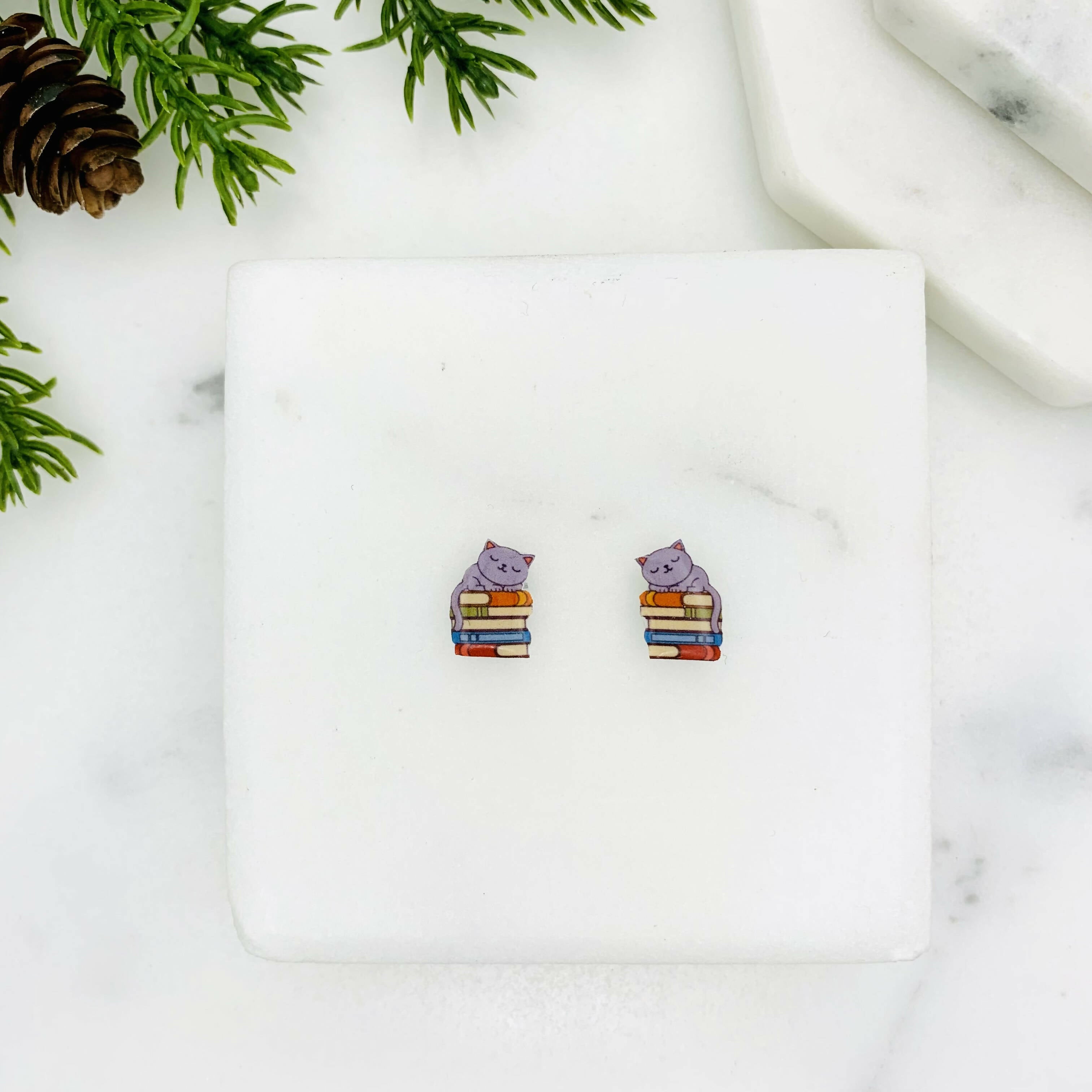 Cat on Books Stud Earrings for Book Lovers | Art & Soul