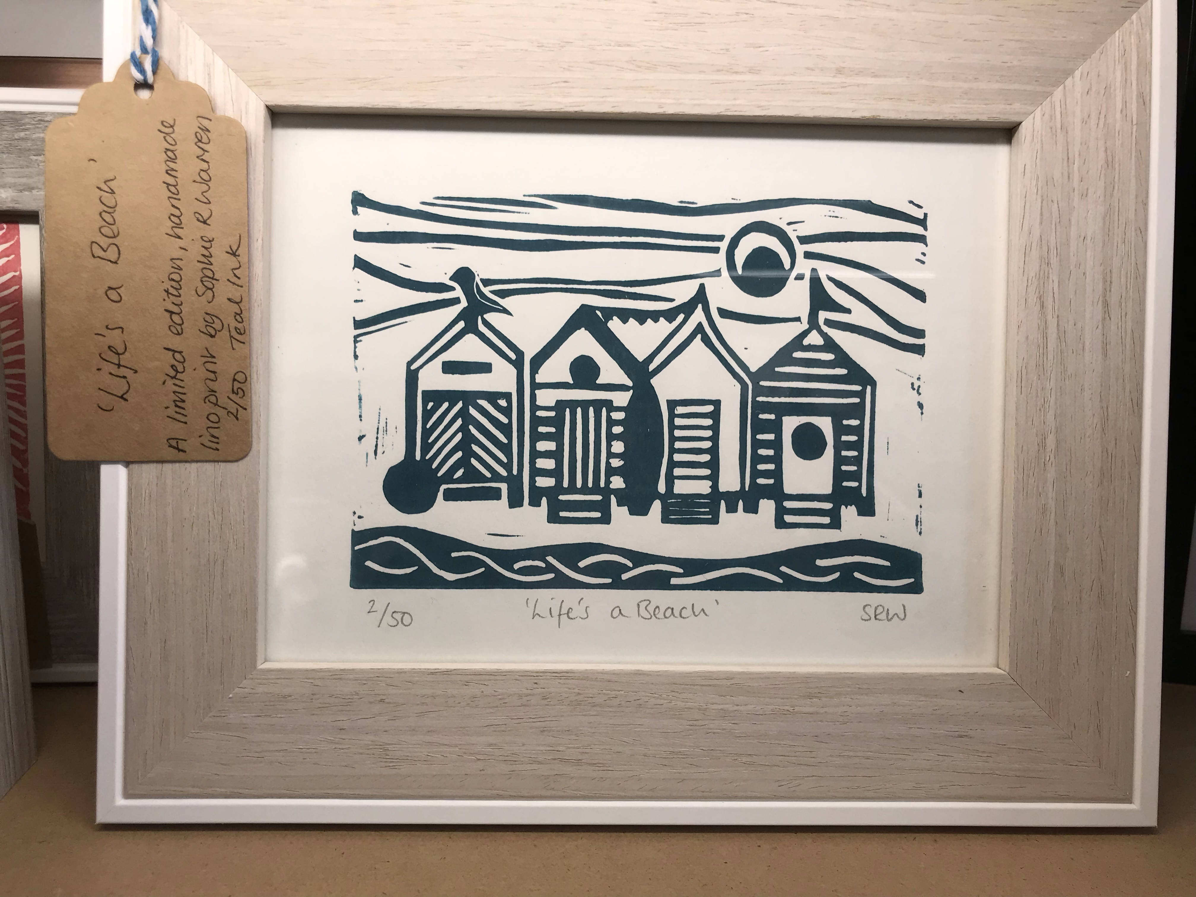 Beach Huts Framed Lino Cut Print