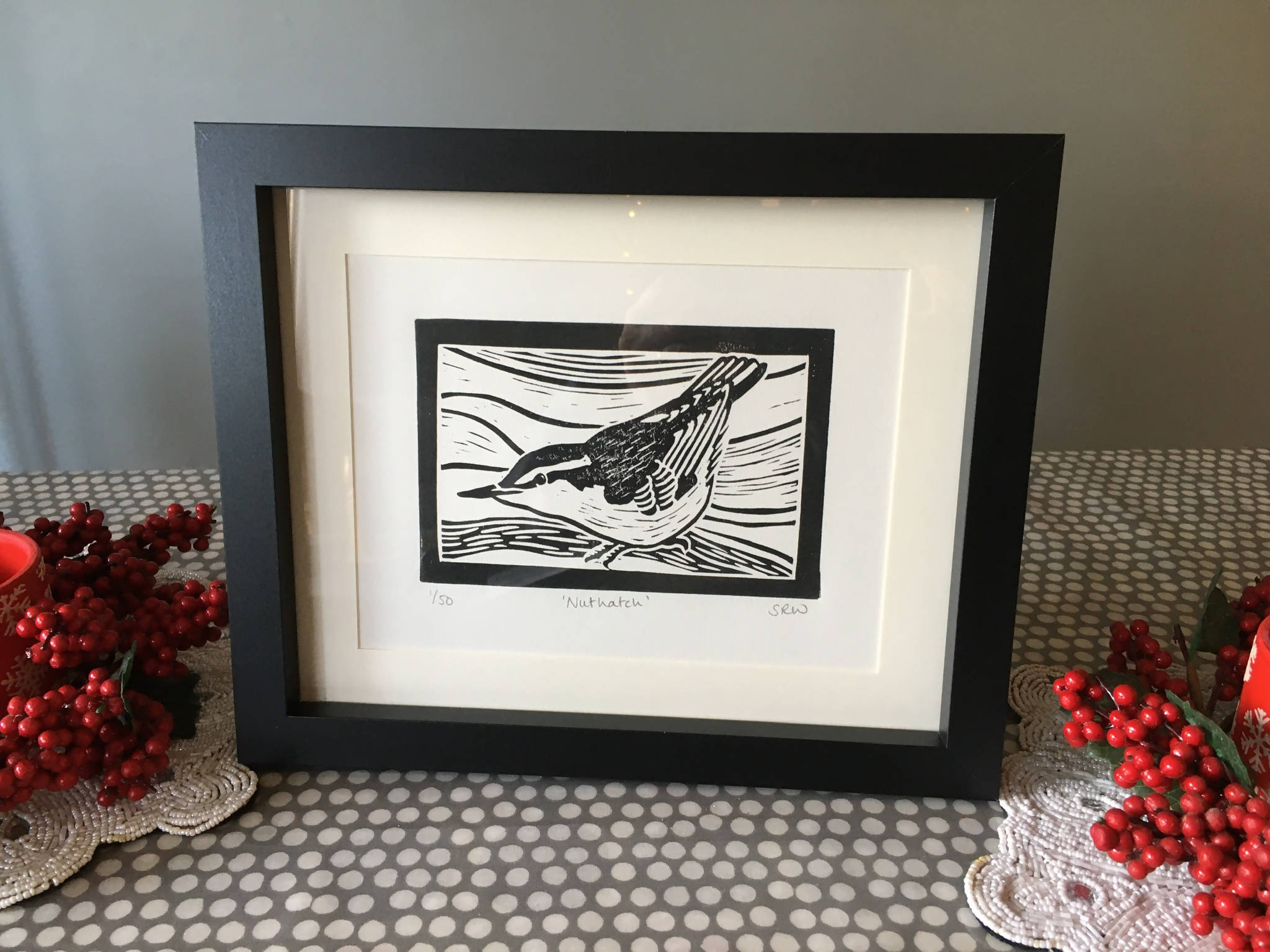 Nuthatch Framed Lino Cut Print