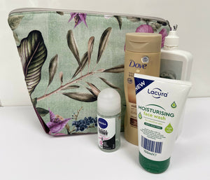 XL Toiletry Bag - Green and Purple Florals with Metallic Faux Leather Base