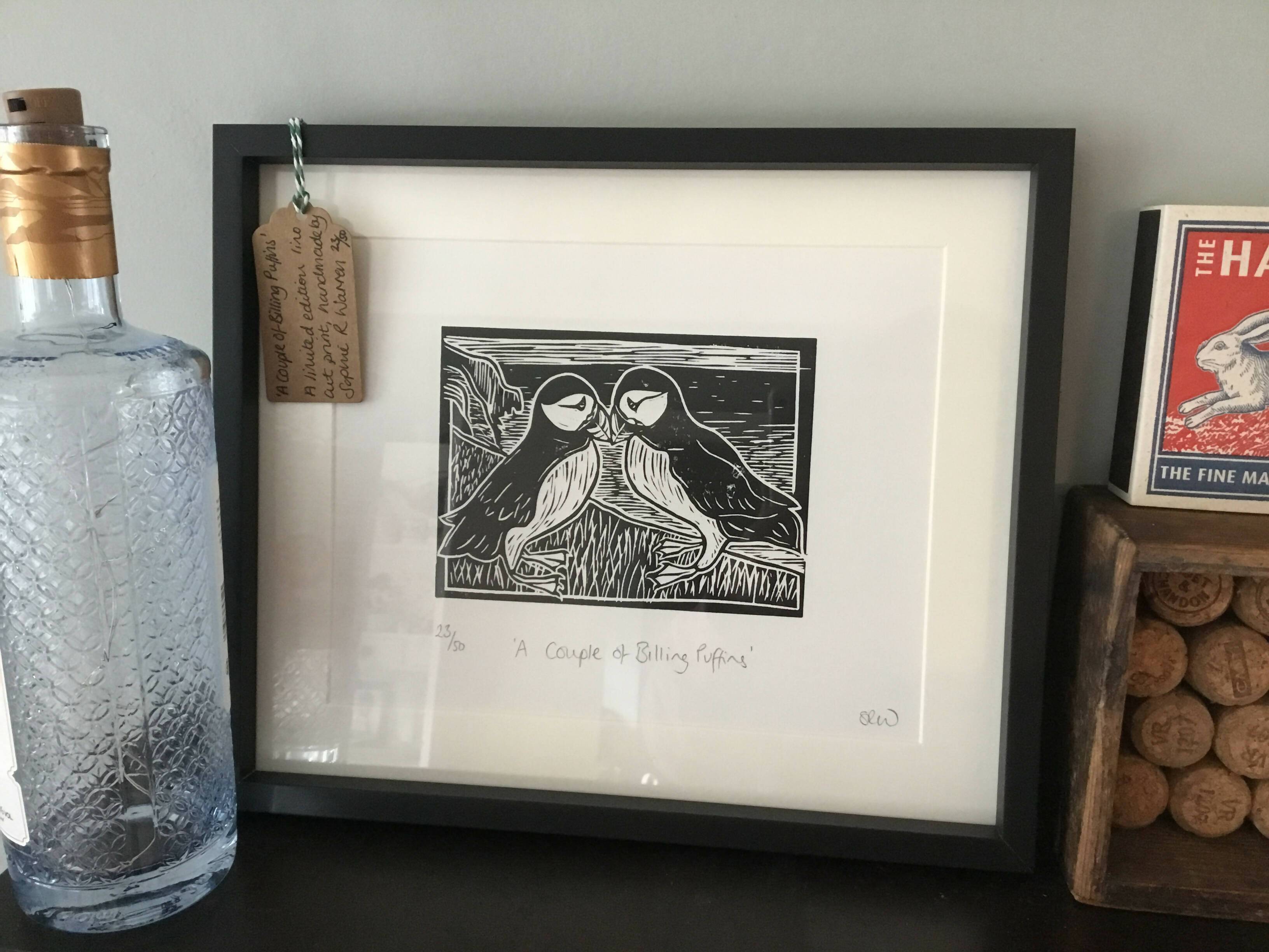 A Couple of Billing Puffins Framed Lino Cut Print