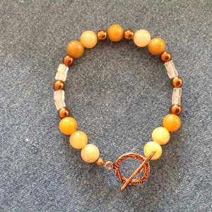 Bracelet with Yellow Jade, Copper Hematite and Clear Quartz, Pure Copper Toggle