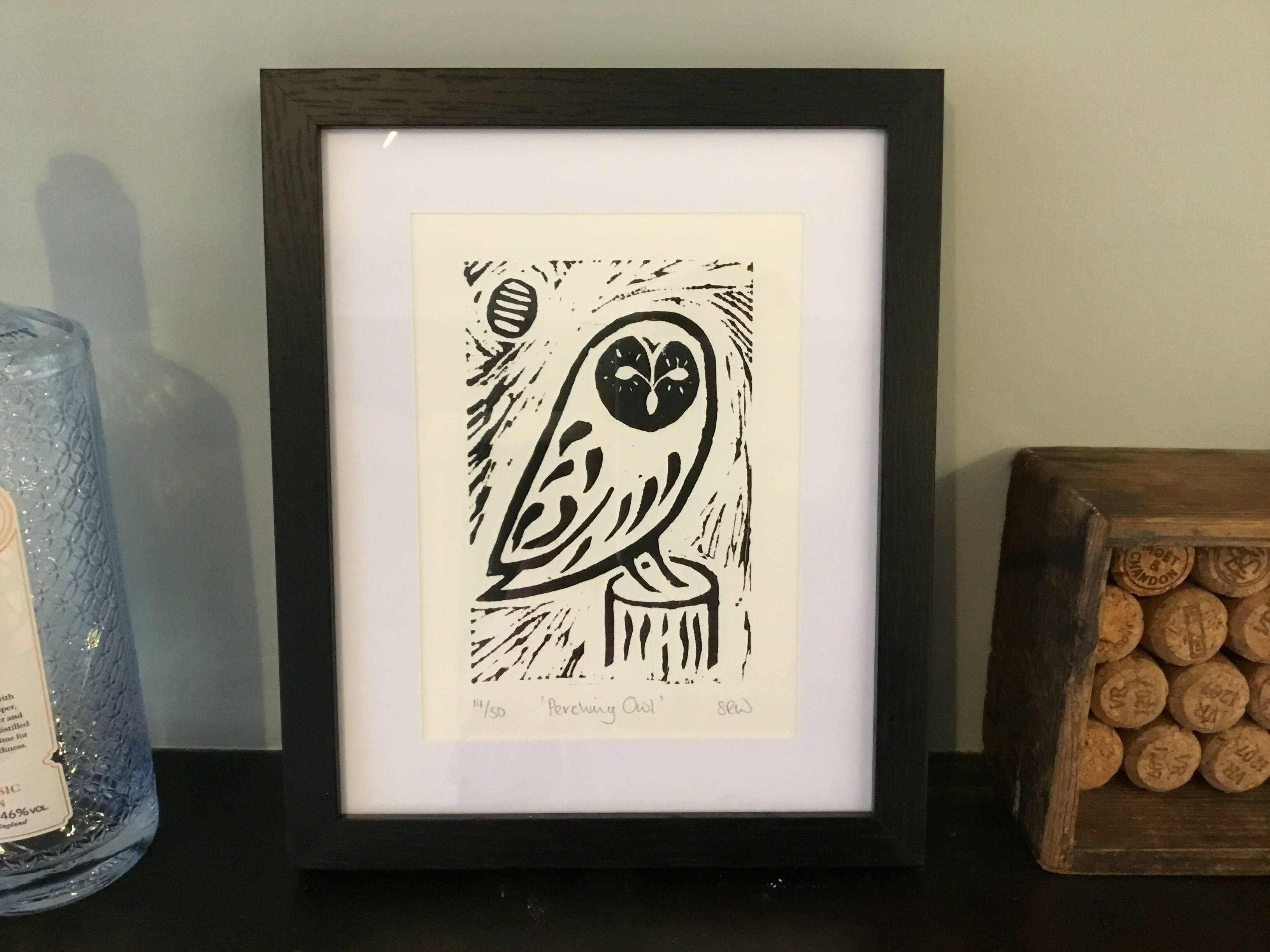 Perching Owl Framed Lino Cut Print