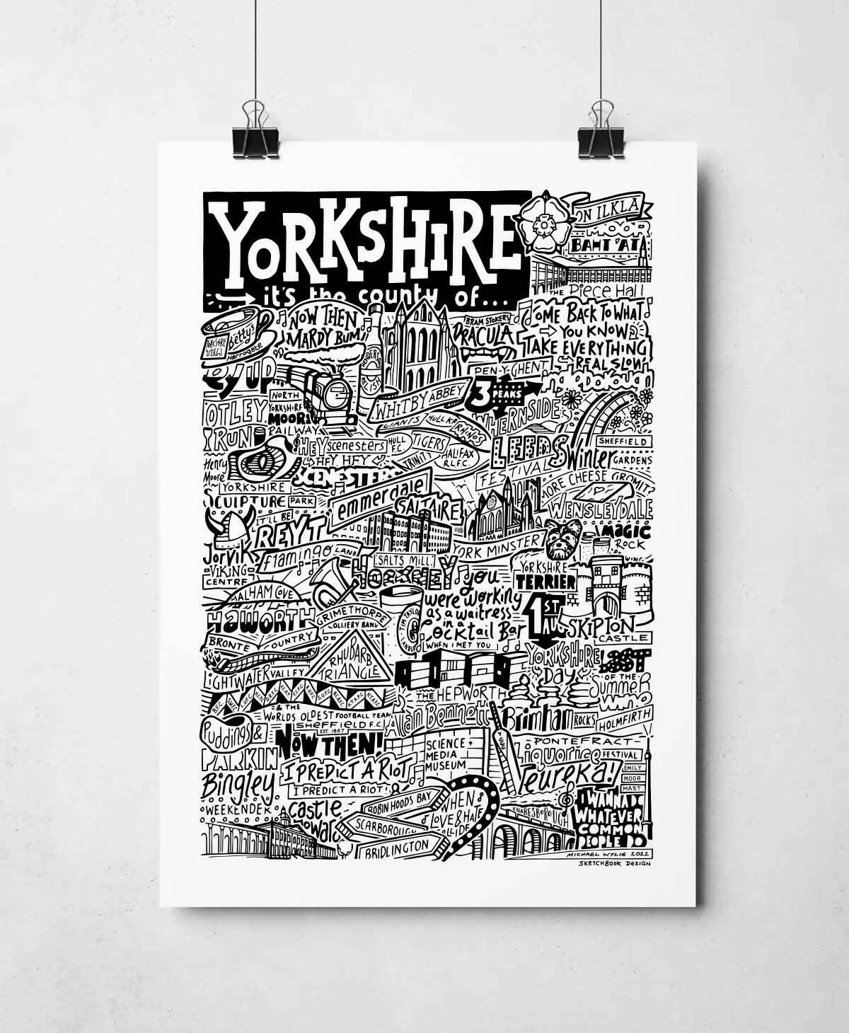 Black and white illustration of all Yorkshire's landmarks.